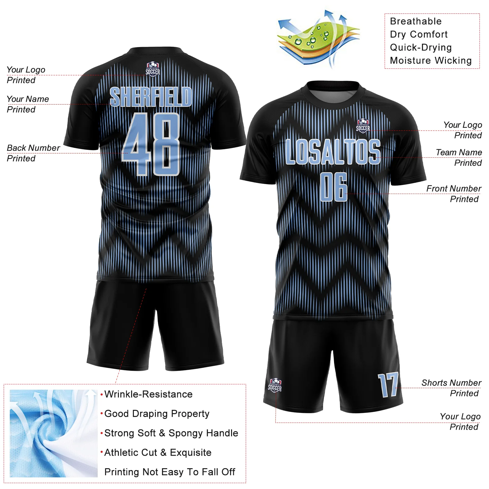 Custom Black Light Blue-White Line Sublimation Soccer Uniform Jersey - Image 4