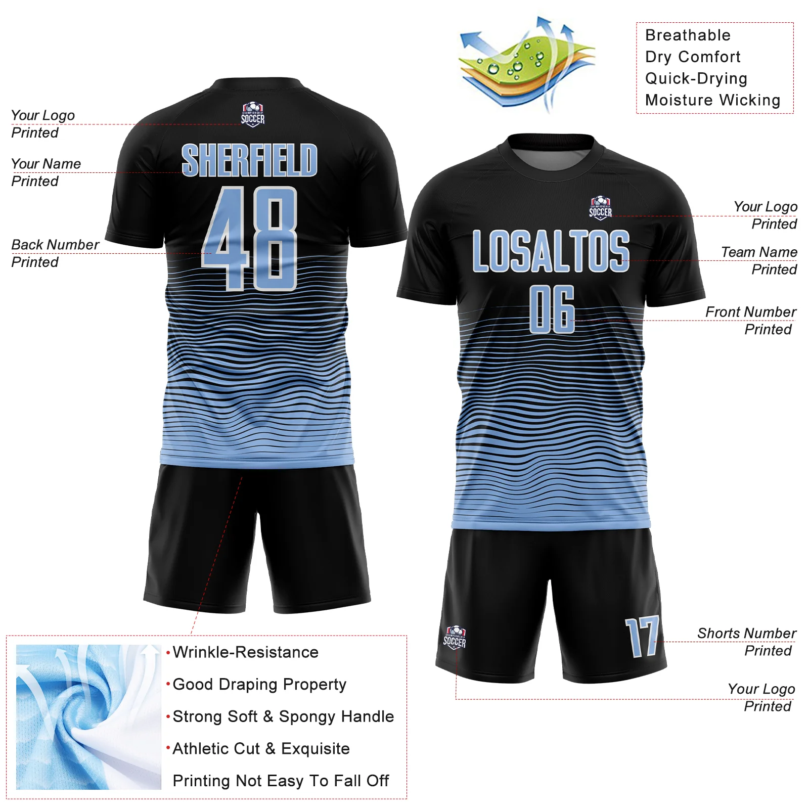 Custom Black Light Blue-White Gradient Line Sublimation Soccer Uniform Jersey - Image 4