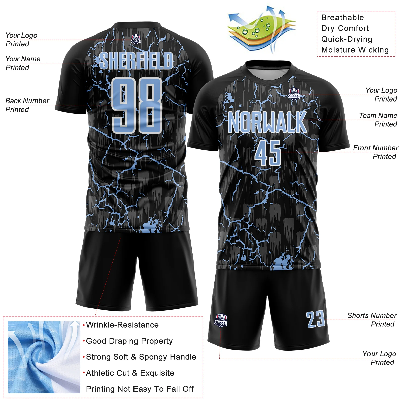 Custom Black Light Blue-White Lightning Sublimation Soccer Uniform Jersey - Image 4