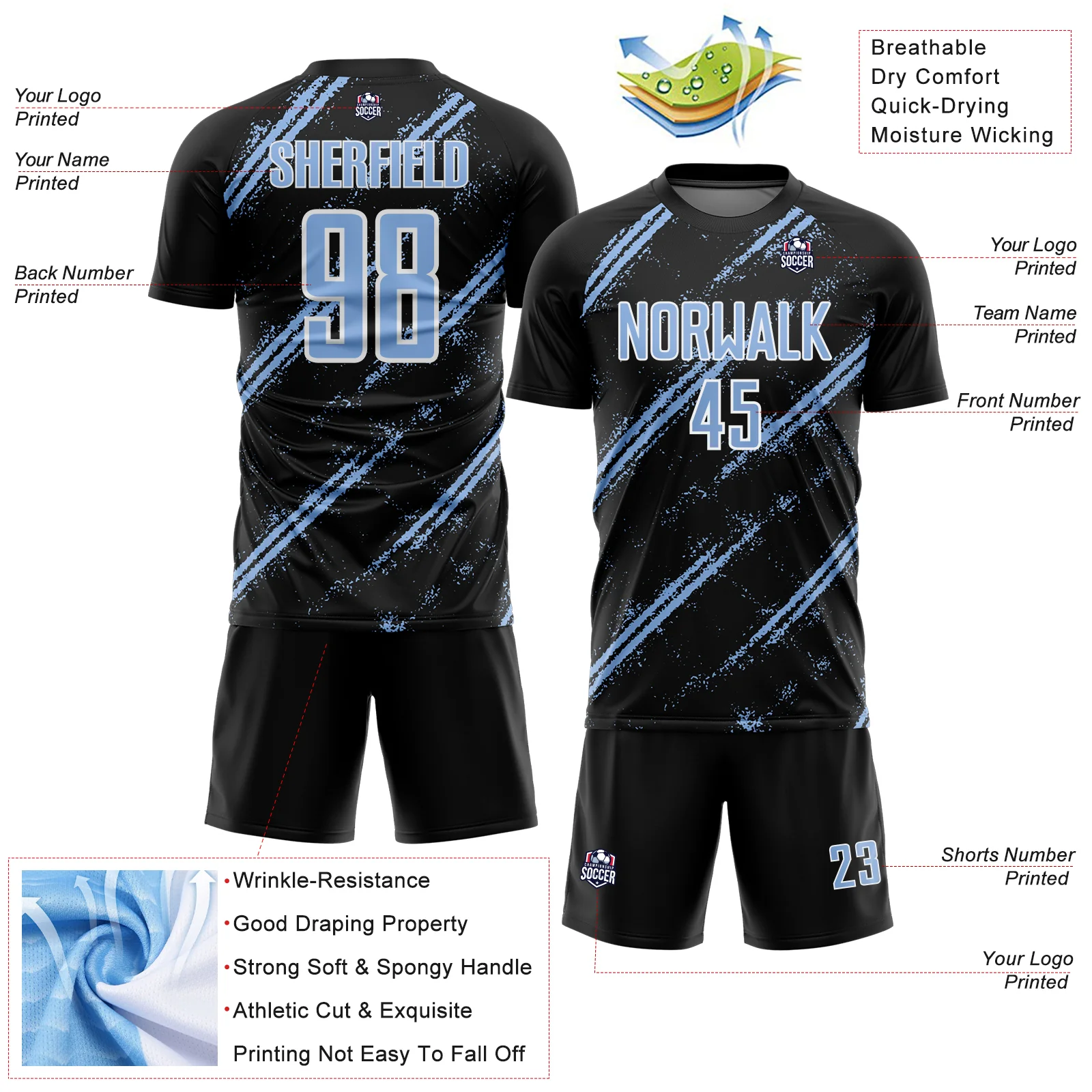 Custom Black Light Blue-White Abstract Fragment Art Splash Sublimation Soccer Uniform Jersey - Image 4