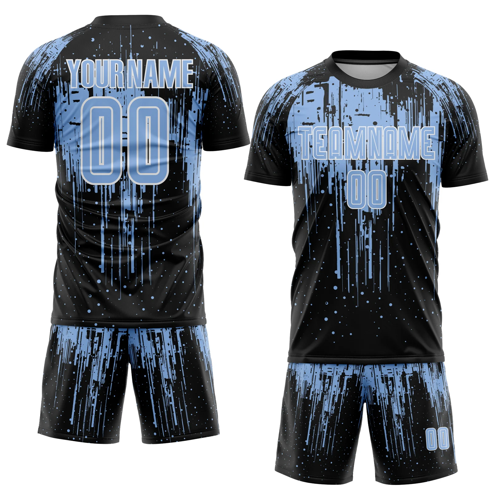 Custom Black Light Blue-White Dripping Splatte Pattern Sports Sublimation Soccer Uniform Jersey - Image 2