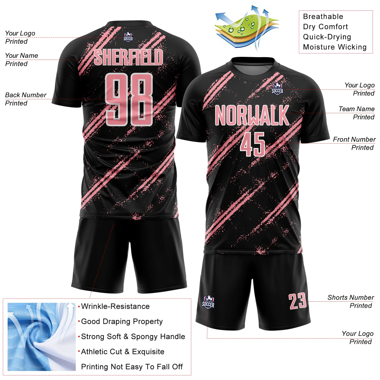 Custom Black Medium Pink-White Abstract Fragment Art Splash Sublimation Soccer Uniform Jersey - Image 4