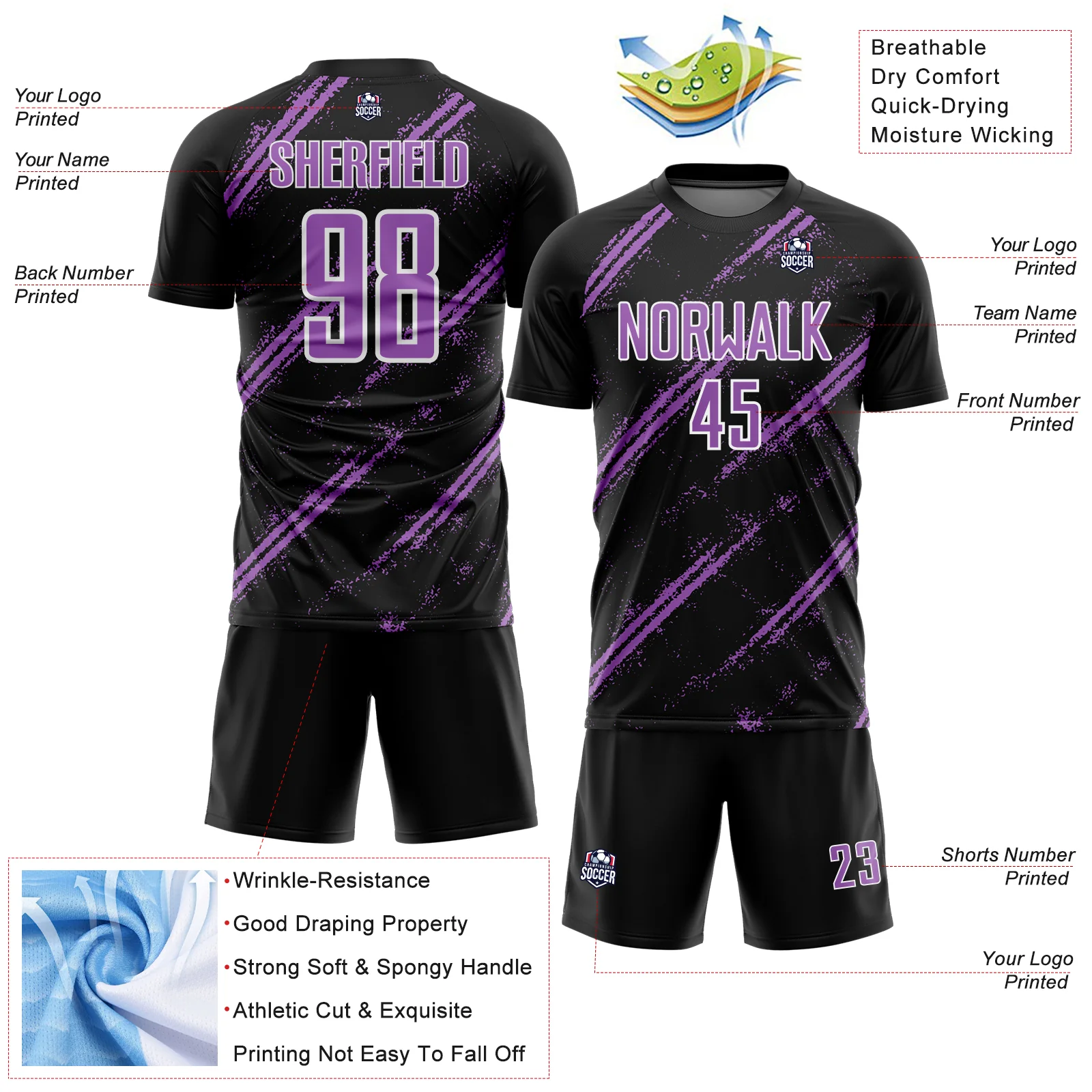 Custom Black Medium Purple-White Abstract Fragment Art Splash Sublimation Soccer Uniform Jersey - Image 4