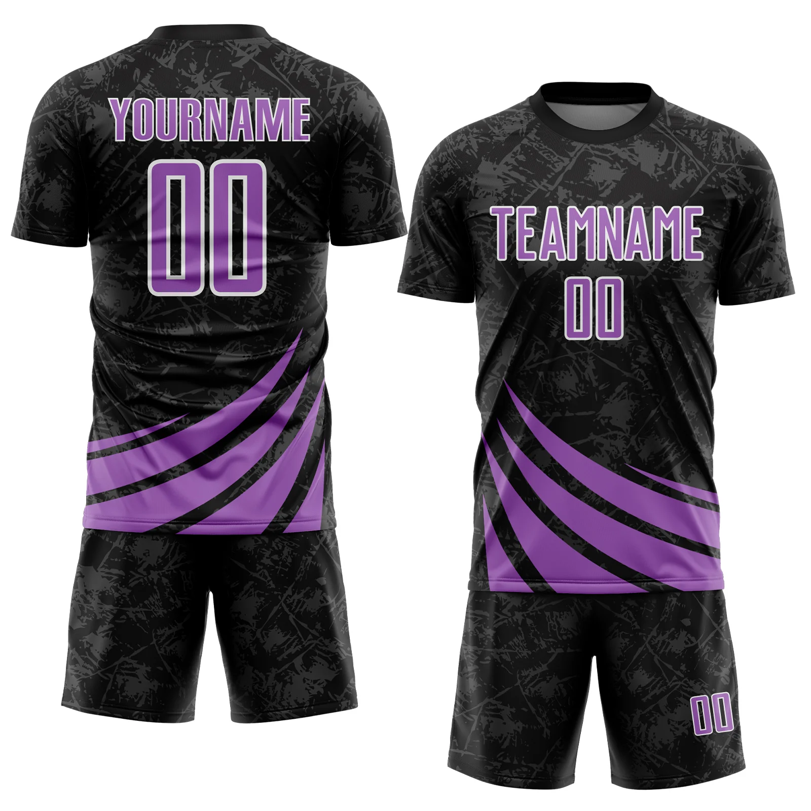 Custom Black Medium Purple-White Distressed Diagonal Stripes Wind Shapes Sports Sublimation Soccer Uniform Jersey - Image 2