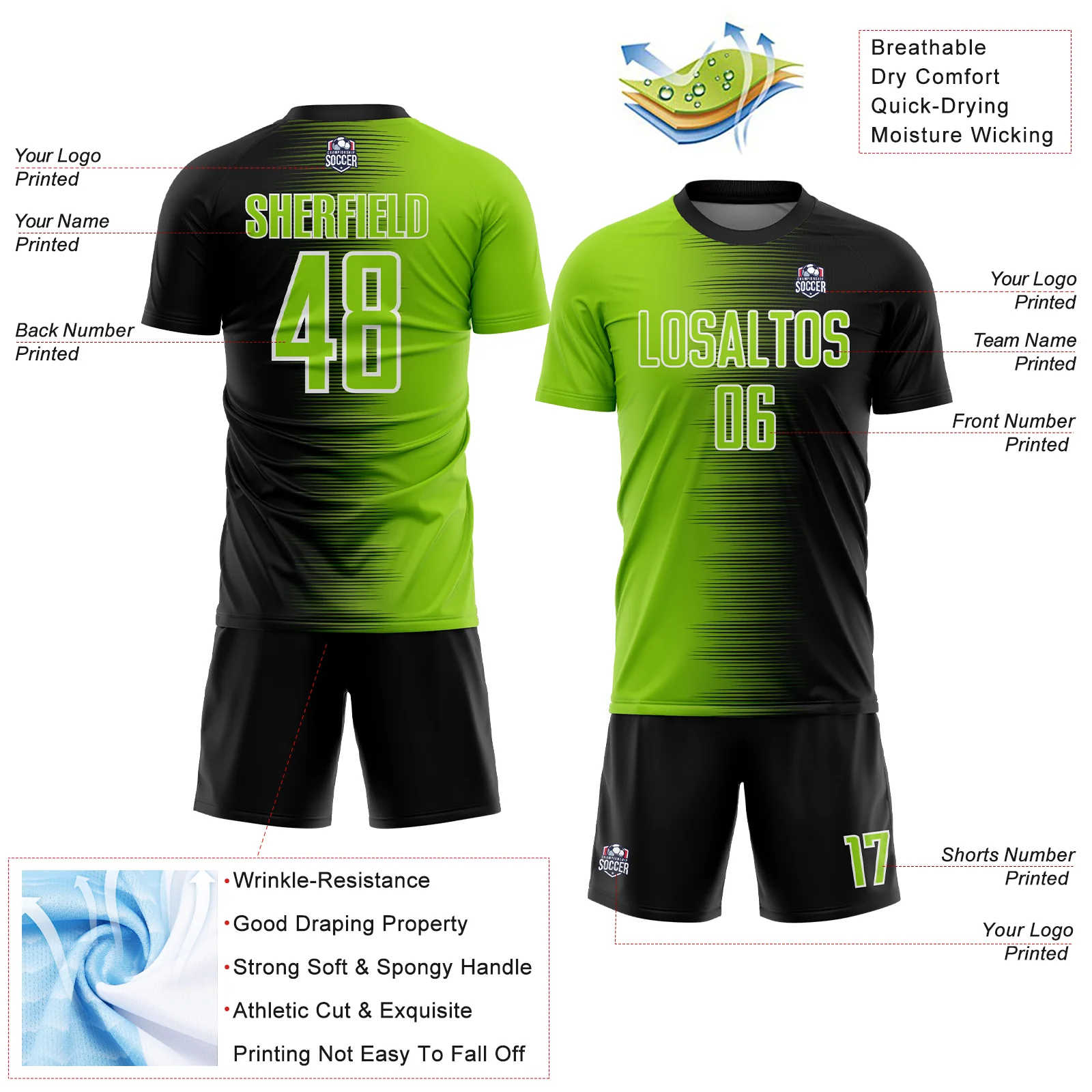 Custom Black Neon Green-White Gradient Line Sublimation Soccer Uniform Jersey - Image 4