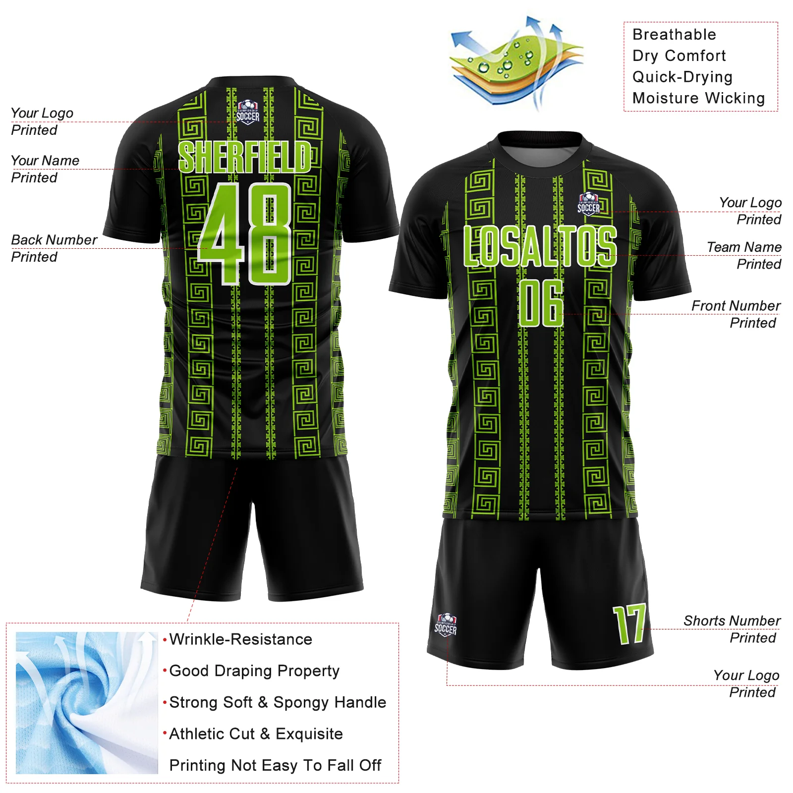 Custom Black Neon Green-White Geometric Shape Sublimation Soccer Uniform Jersey - Image 4
