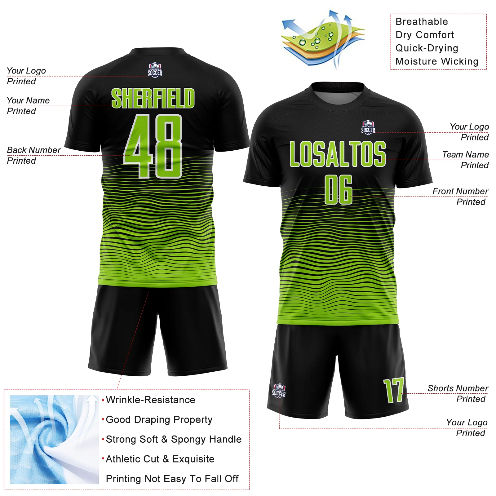 Custom Black Neon Green-White Gradient Line Sublimation Soccer Uniform Jersey - Image 4