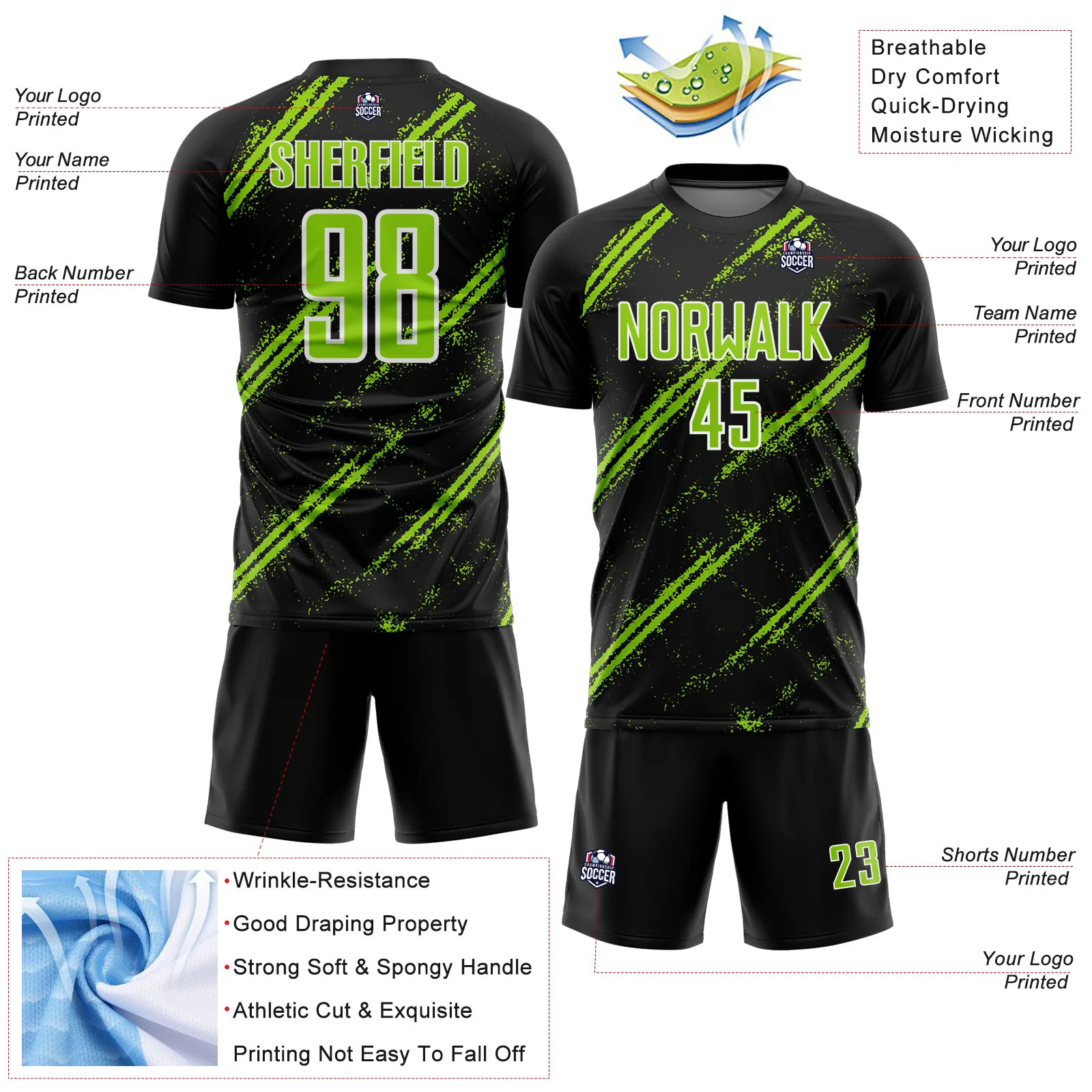 Custom Black Neon Green-White Abstract Fragment Art Splash Sublimation Soccer Uniform Jersey - Image 4