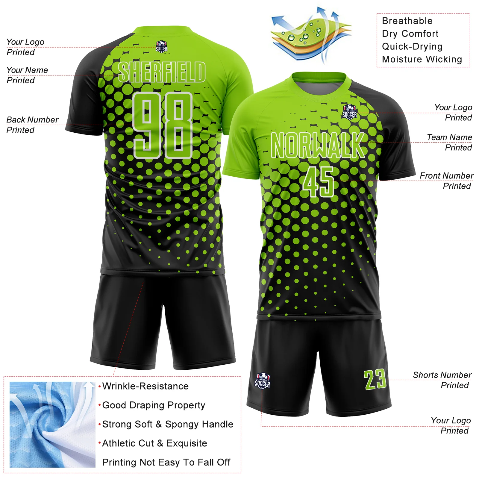 Custom Black Neon Green-White Modern Polka Dot Sublimation Soccer Uniform Jersey - Image 4