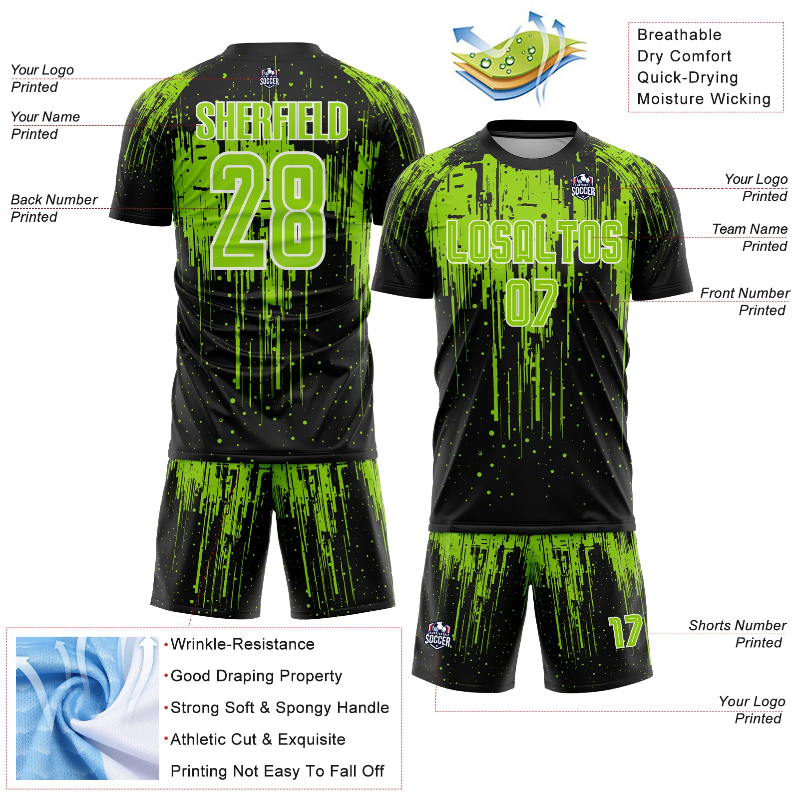 Custom Black Neon Green-White Dripping Splatte Pattern Sports Sublimation Soccer Uniform Jersey - Image 4
