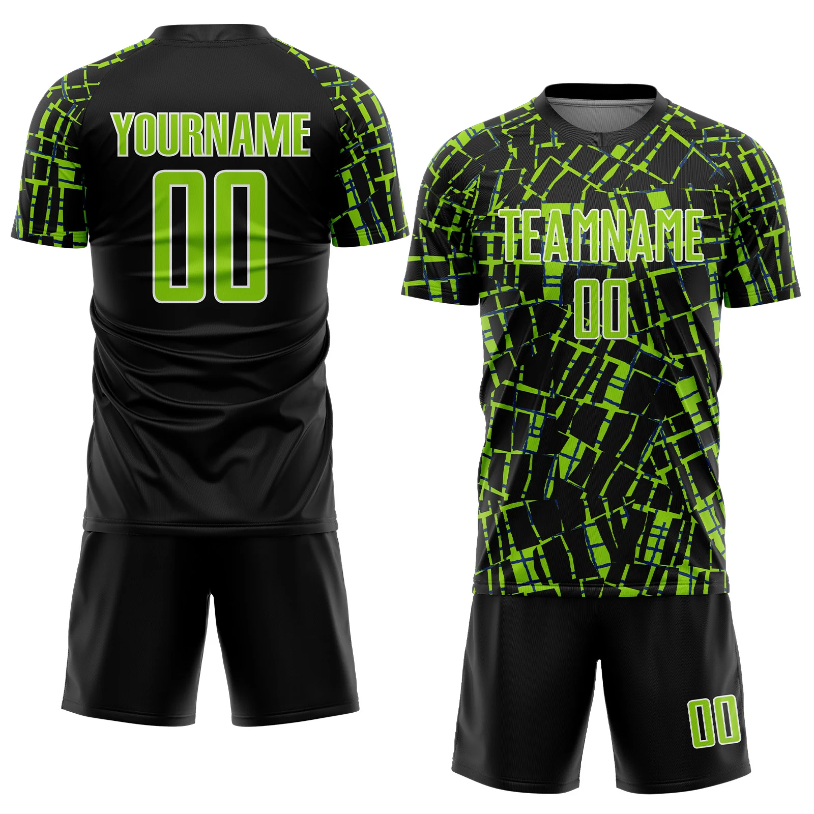Custom Black Neon Green-White Abstract Line Sports Sublimation Soccer Uniform Jersey - Image 2