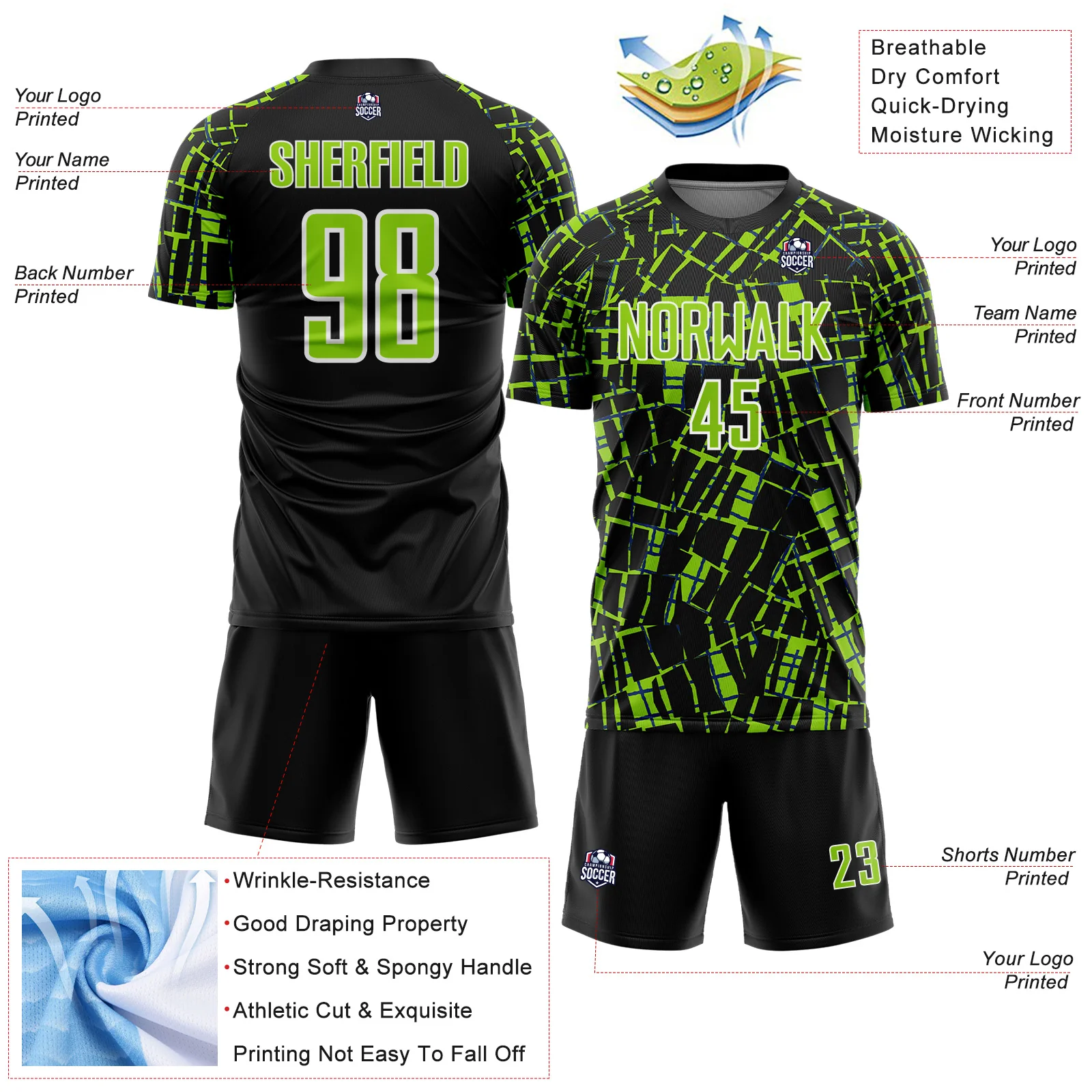 Custom Black Neon Green-White Abstract Line Sports Sublimation Soccer Uniform Jersey - Image 4