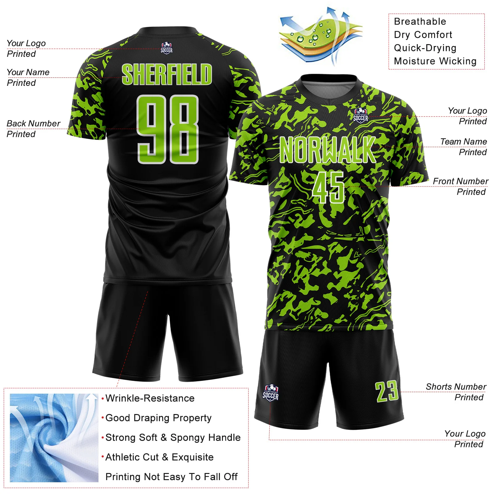 Custom Black Neon Green-White Liquid Fluid Pattern Sports Sublimation Soccer Uniform Jersey - Image 4