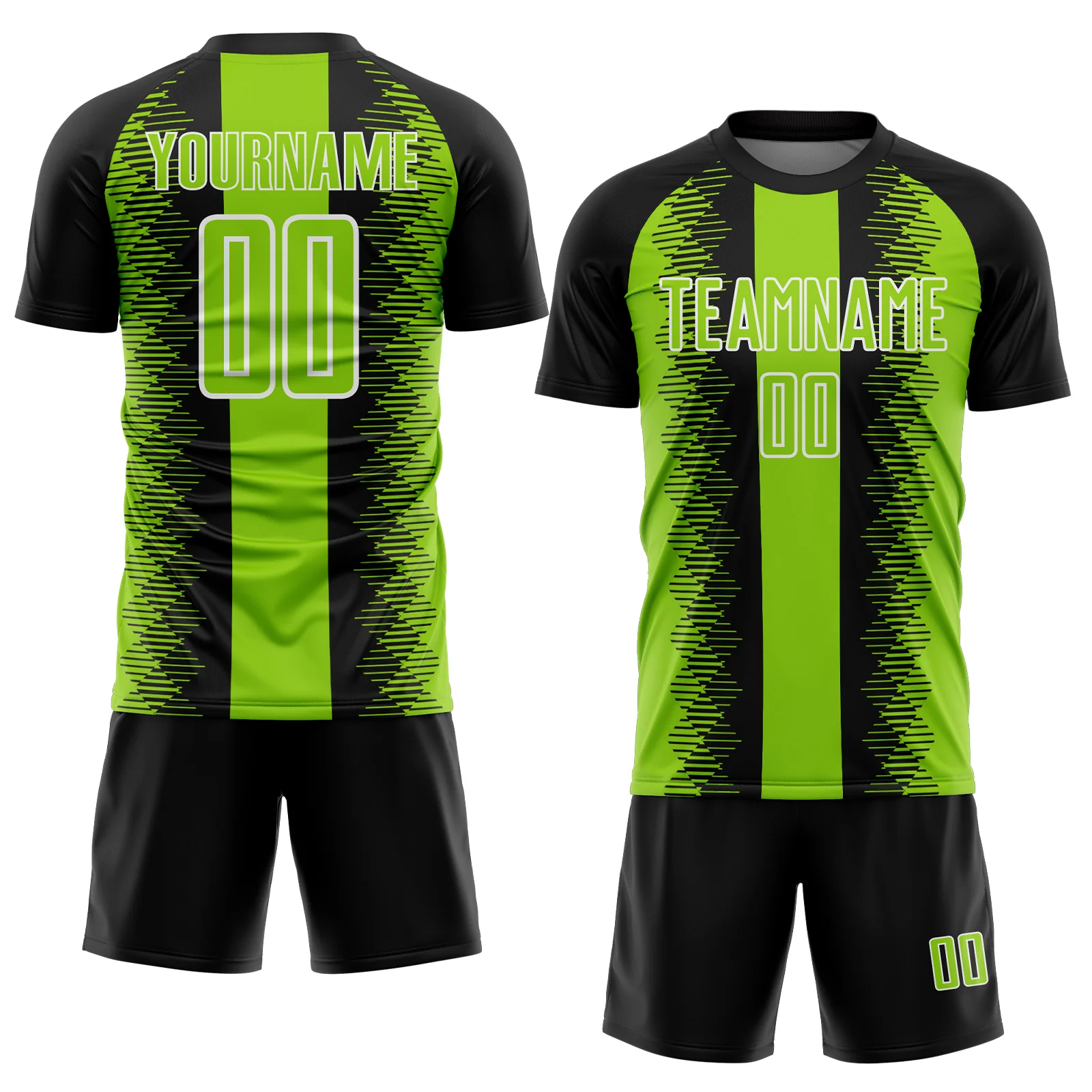 Custom Black Neon Green-White Zigzag Diamond Stripe Sports Sublimation Soccer Uniform Jersey - Image 2