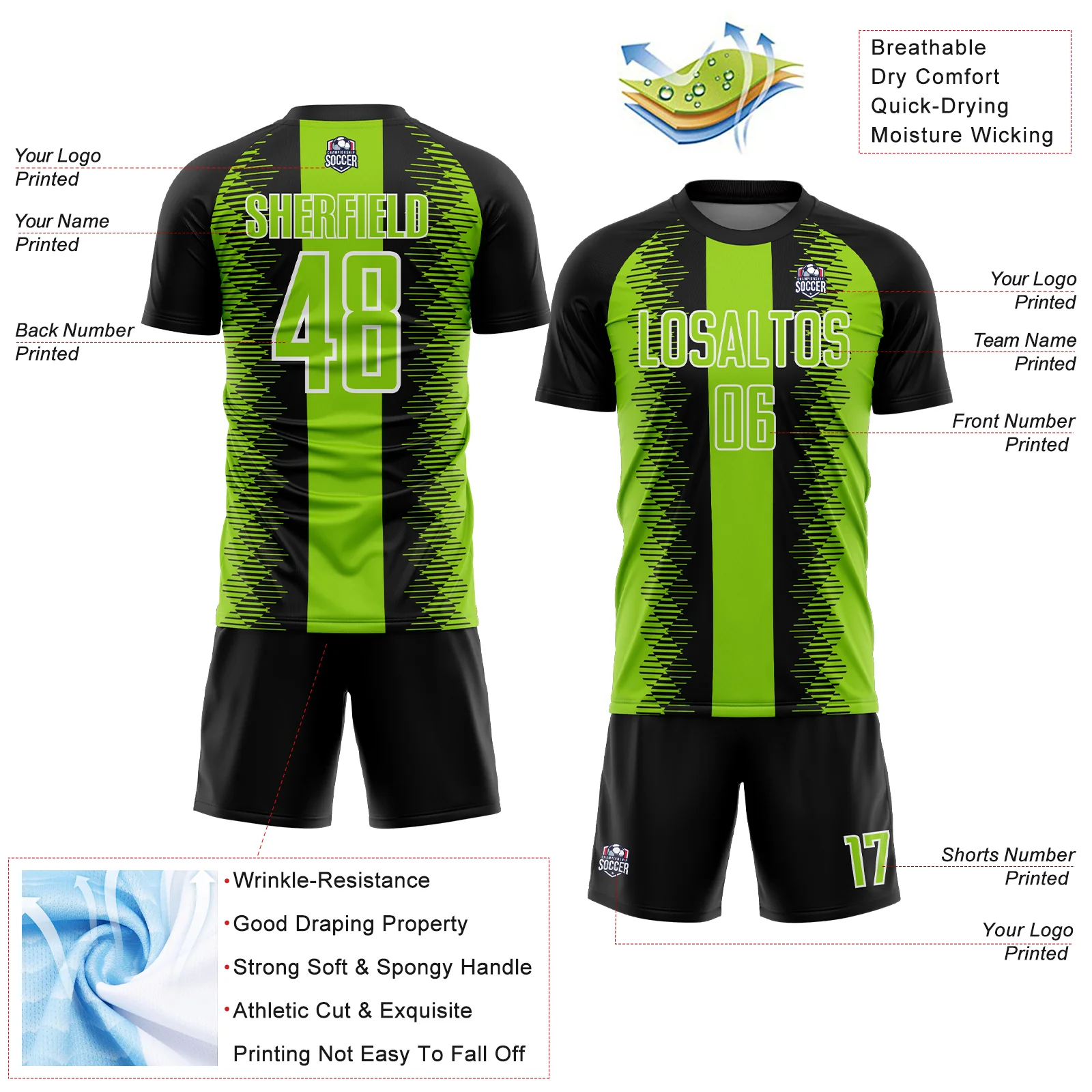Custom Black Neon Green-White Zigzag Diamond Stripe Sports Sublimation Soccer Uniform Jersey - Image 4