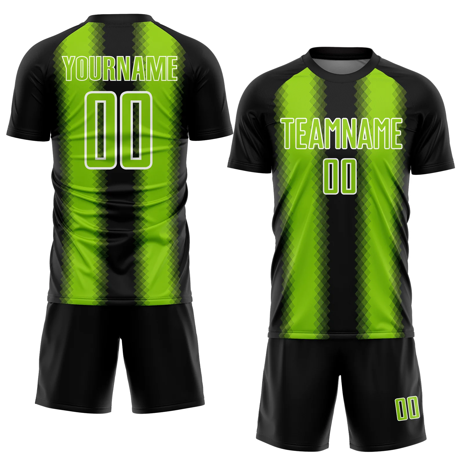 Custom Black Neon Green-White Zigzag Diamond Stripe Sports Sublimation Soccer Uniform Jersey - Image 2