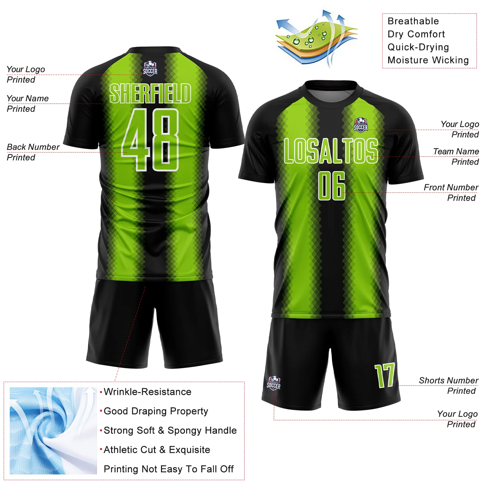 Custom Black Neon Green-White Zigzag Diamond Stripe Sports Sublimation Soccer Uniform Jersey - Image 4