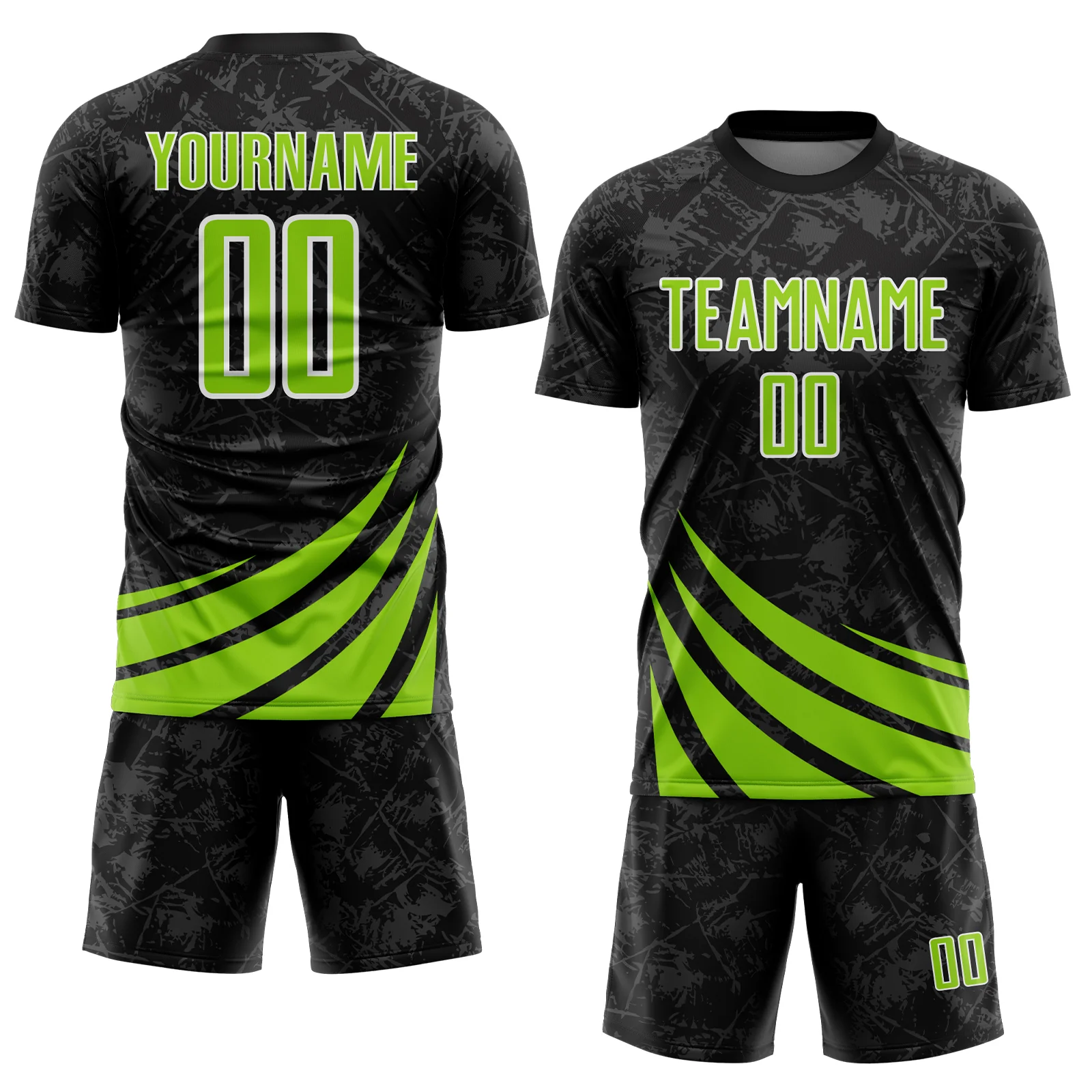 Custom Black Neon Green-White Distressed Diagonal Stripes Wind Shapes Sports Sublimation Soccer Uniform Jersey - Image 2