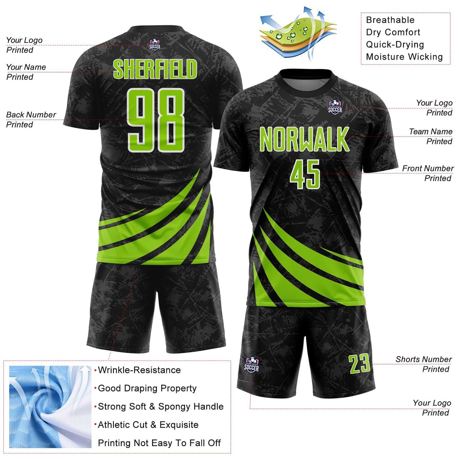 Custom Black Neon Green-White Distressed Diagonal Stripes Wind Shapes Sports Sublimation Soccer Uniform Jersey - Image 4