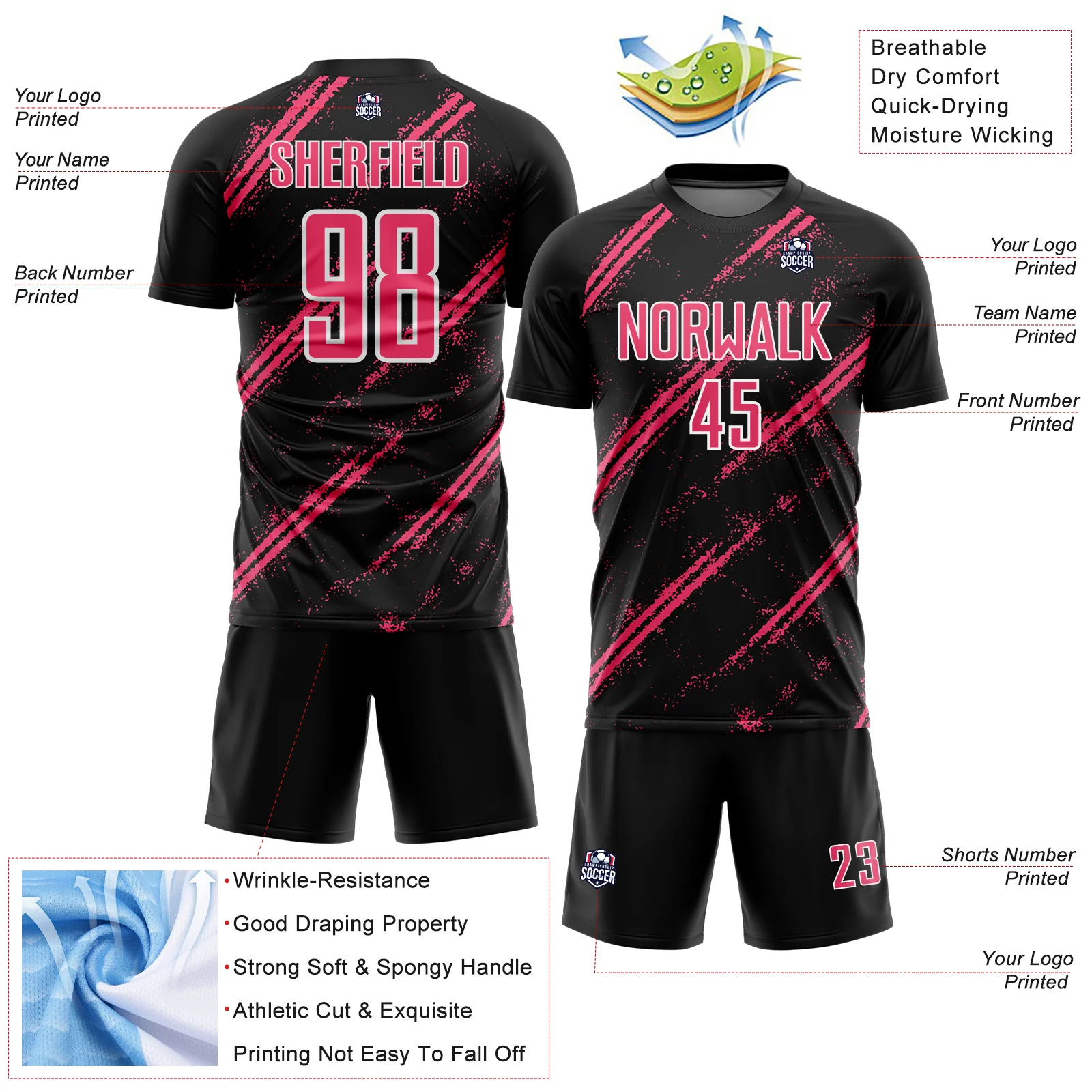 Custom Black Neon Pink-White Abstract Fragment Art Splash Sublimation Soccer Uniform Jersey - Image 4