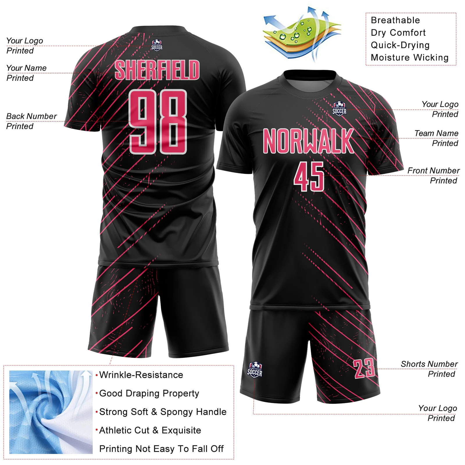 Custom Black Neon Pink-White Lines Sports Sublimation Soccer Uniform Jersey - Image 4