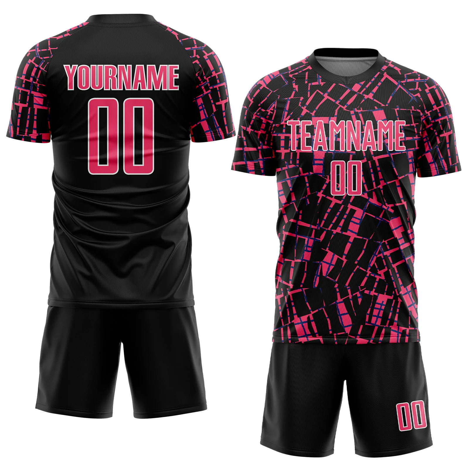 Custom Black Neon Pink-White Abstract Line Sports Sublimation Soccer Uniform Jersey - Image 2