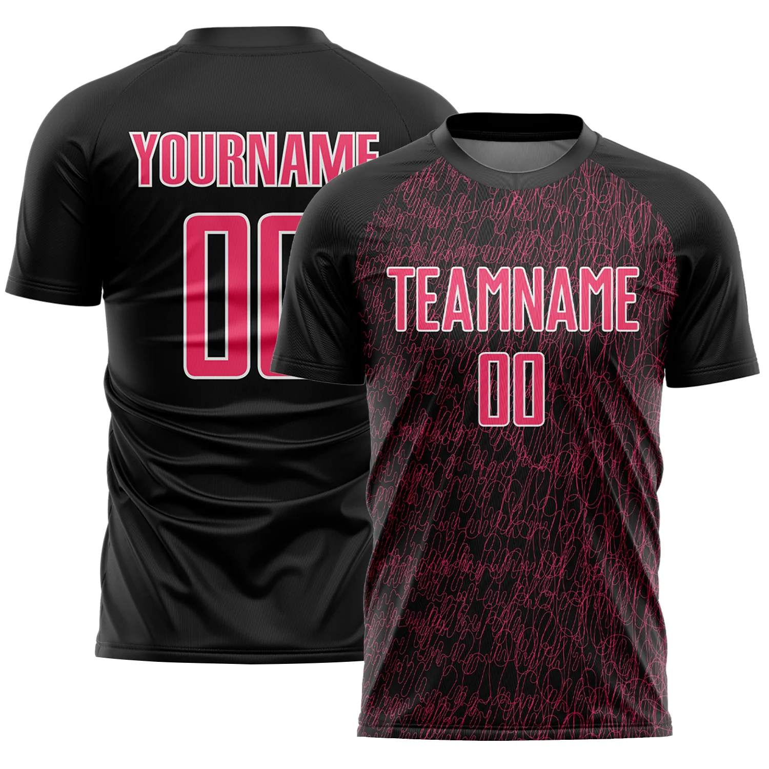 Custom Black Neon Pink-White Abstract Scribble Curve Line Pattern Sports Sublimation Soccer Uniform Jersey