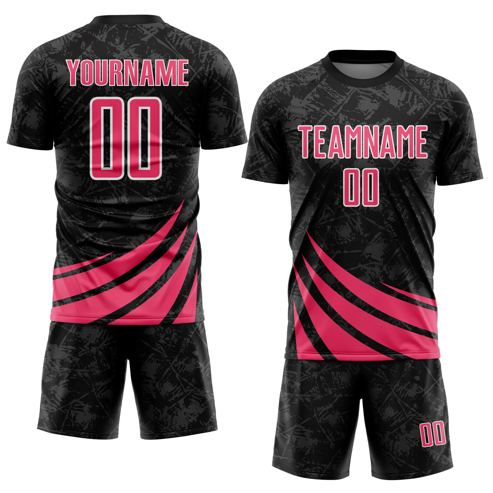 Custom Black Neon Pink-White Distressed Diagonal Stripes Wind Shapes Sports Sublimation Soccer Uniform Jersey - Image 2