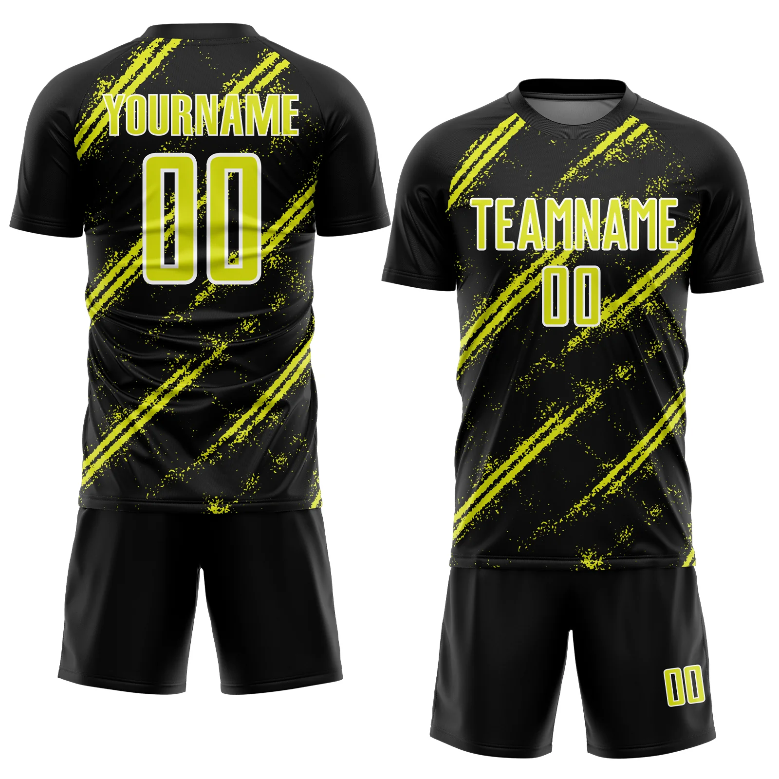 Custom Black Neon Yellow-White Abstract Fragment Art Splash Sublimation Soccer Uniform Jersey - Image 2