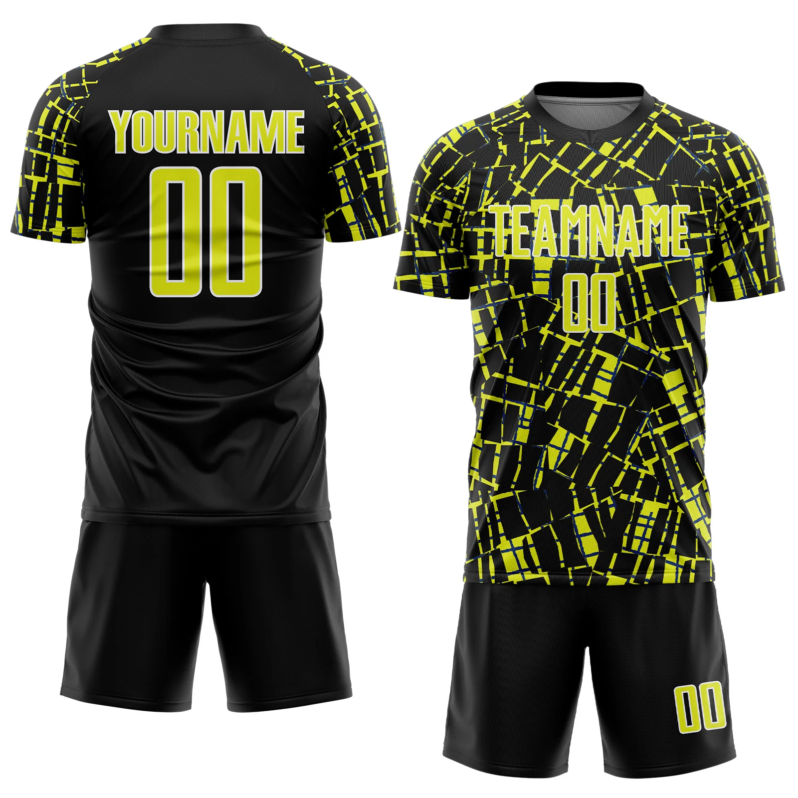 Custom Black Neon Yellow-White Abstract Line Sports Sublimation Soccer Uniform Jersey - Image 2