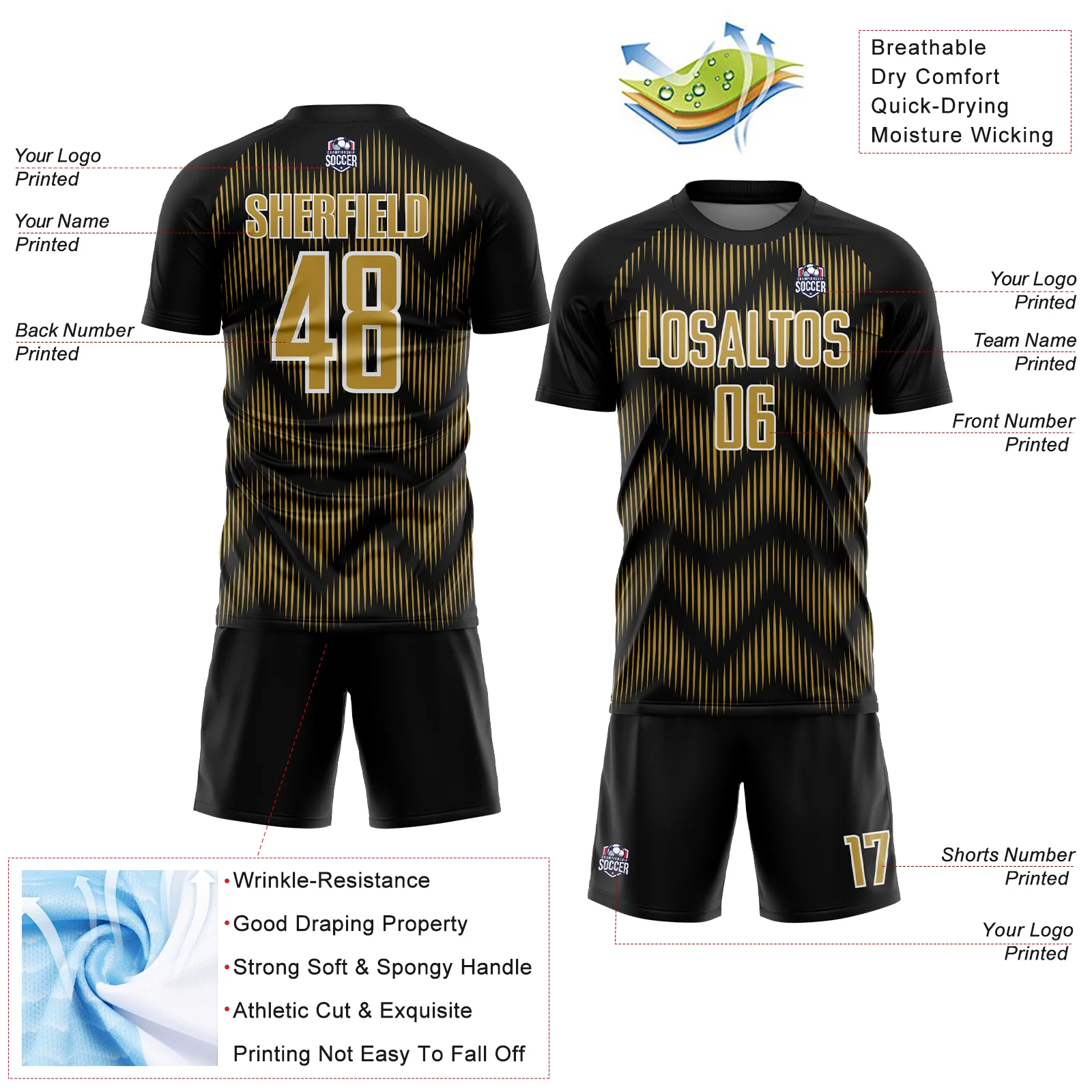 Custom Black Old Gold-White Line Sublimation Soccer Uniform Jersey - Image 4