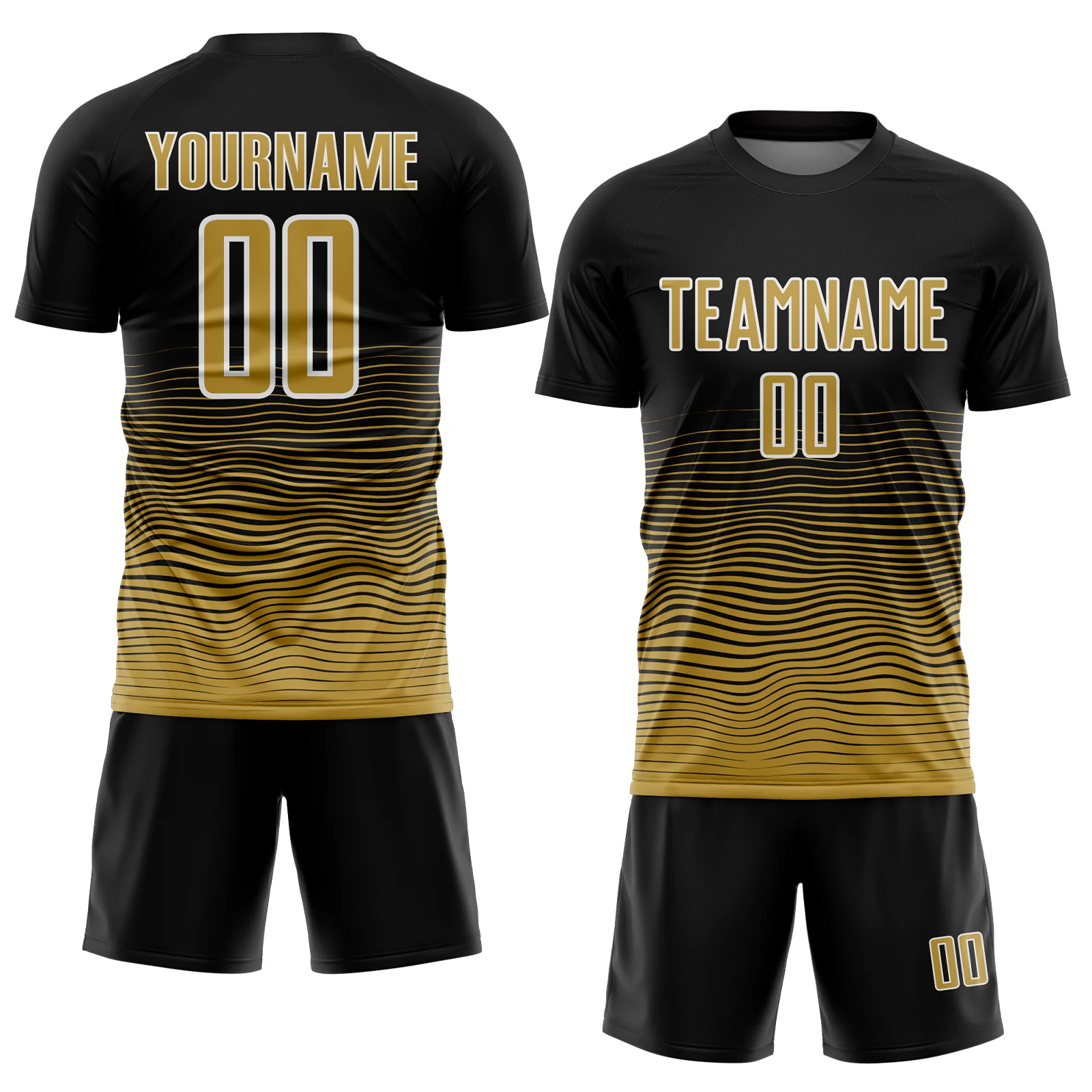 Custom Black Old Gold-White Gradient Line Sublimation Soccer Uniform Jersey - Image 2