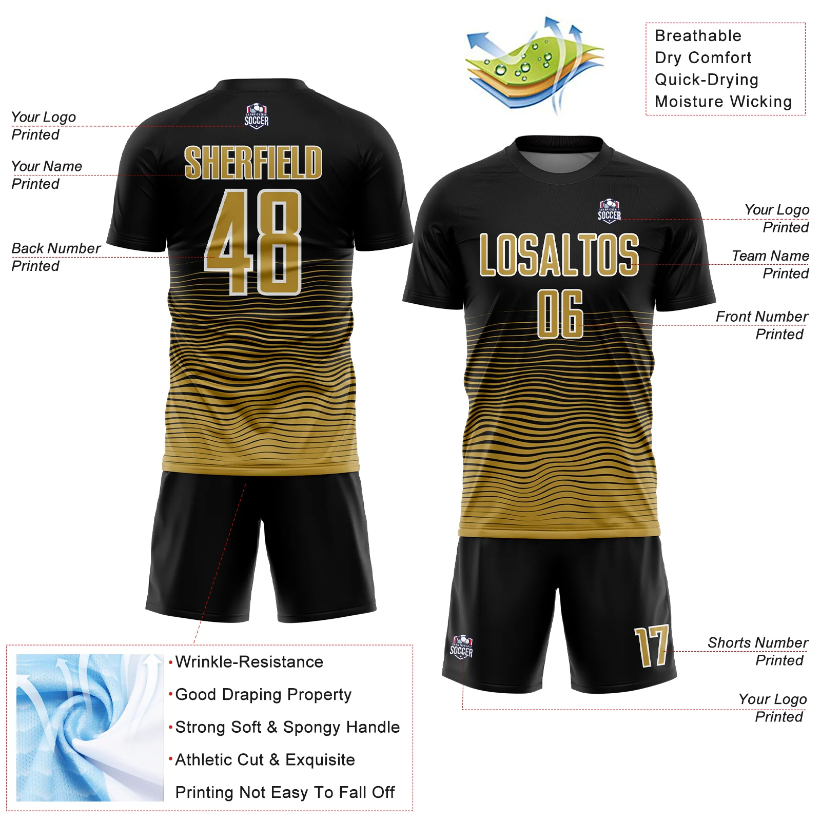 Custom Black Old Gold-White Gradient Line Sublimation Soccer Uniform Jersey - Image 4