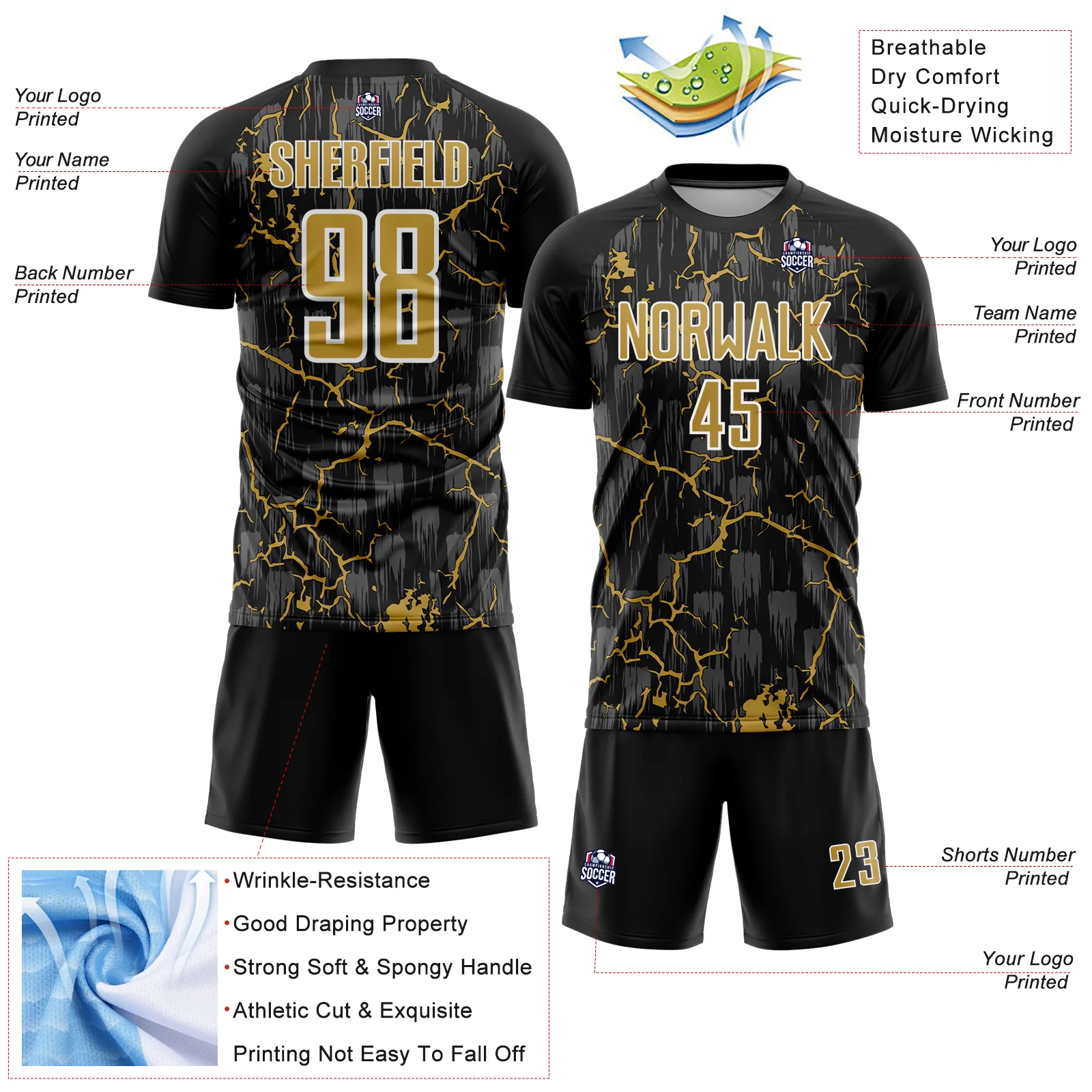 Custom Black Old Gold-White Lightning Sublimation Soccer Uniform Jersey - Image 4
