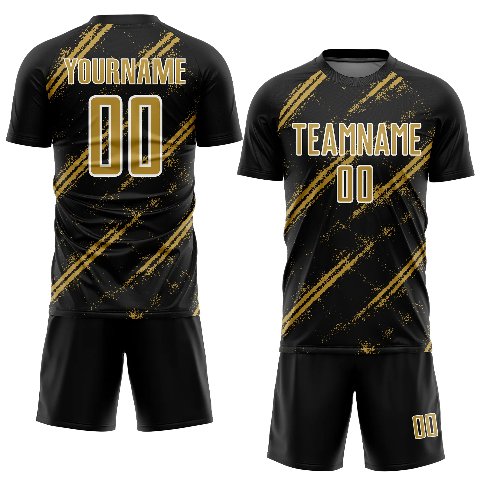 Custom Black Old Gold-White Abstract Fragment Art Splash Sublimation Soccer Uniform Jersey - Image 2