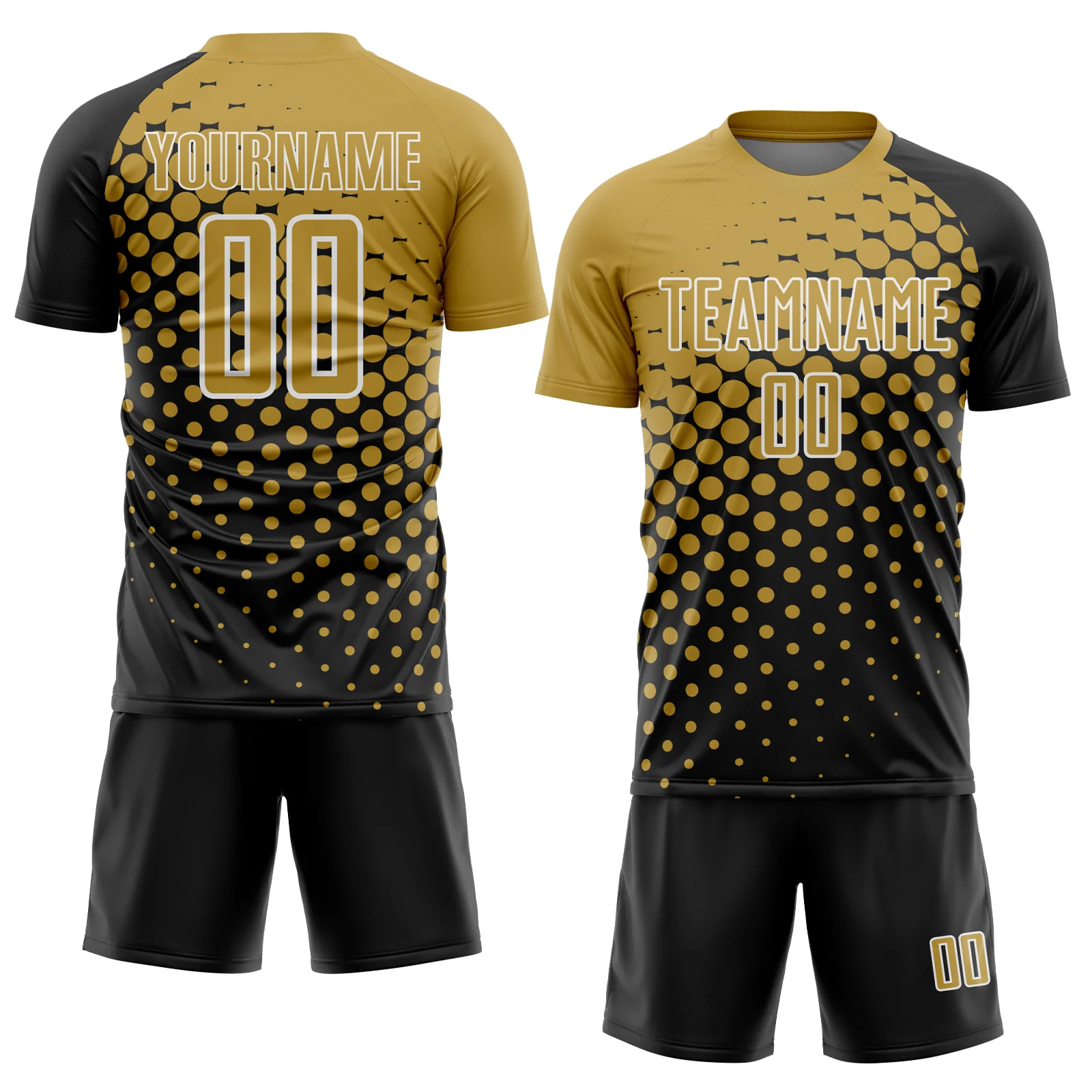 Custom Black Old Gold-White Modern Polka Dot Sublimation Soccer Uniform Jersey - Image 2