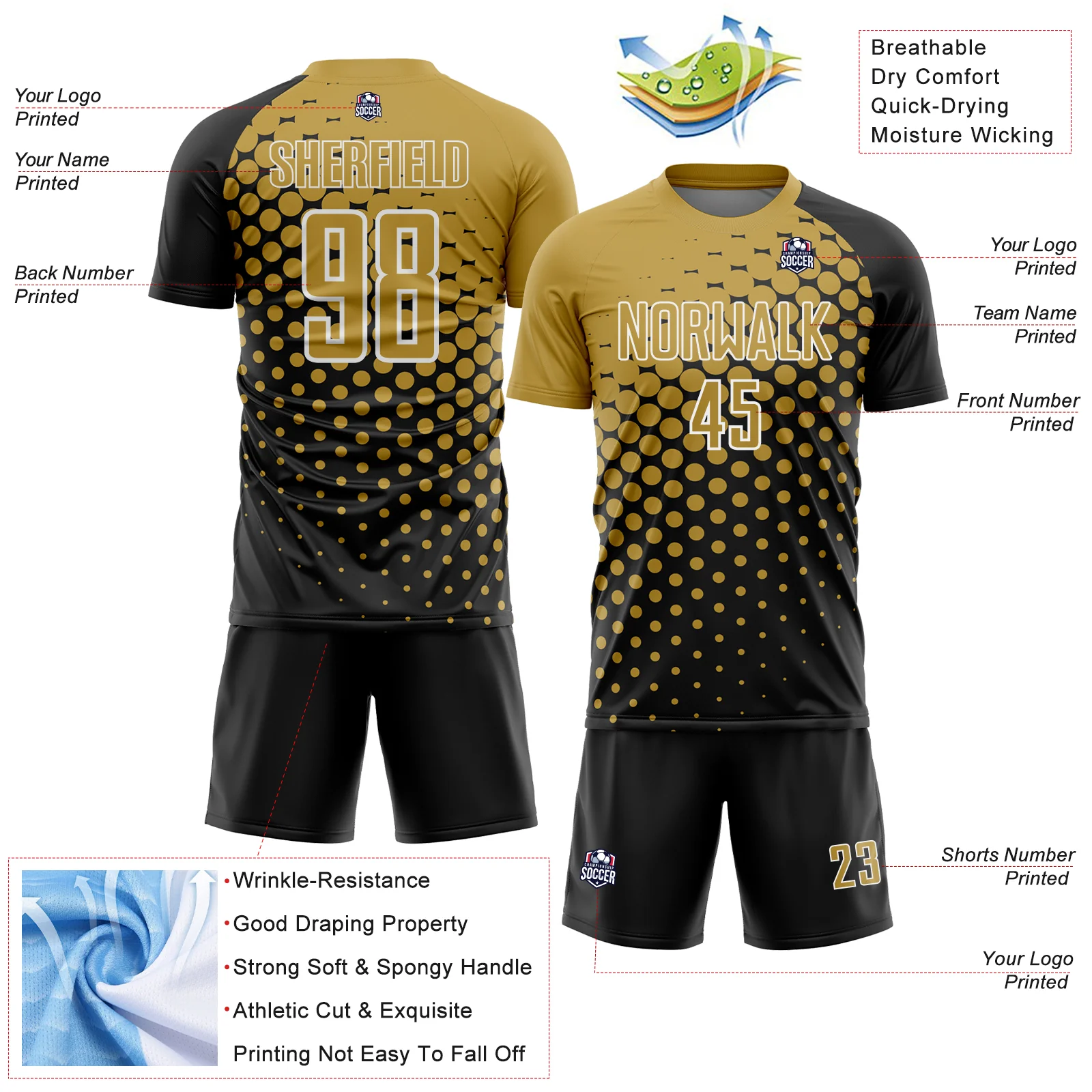 Custom Black Old Gold-White Modern Polka Dot Sublimation Soccer Uniform Jersey - Image 4
