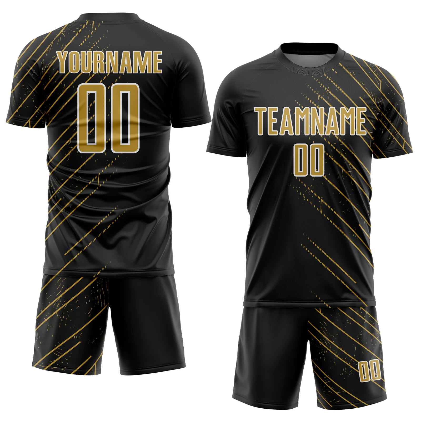 Custom Black Old Gold-White Lines Sports Sublimation Soccer Uniform Jersey - Image 2