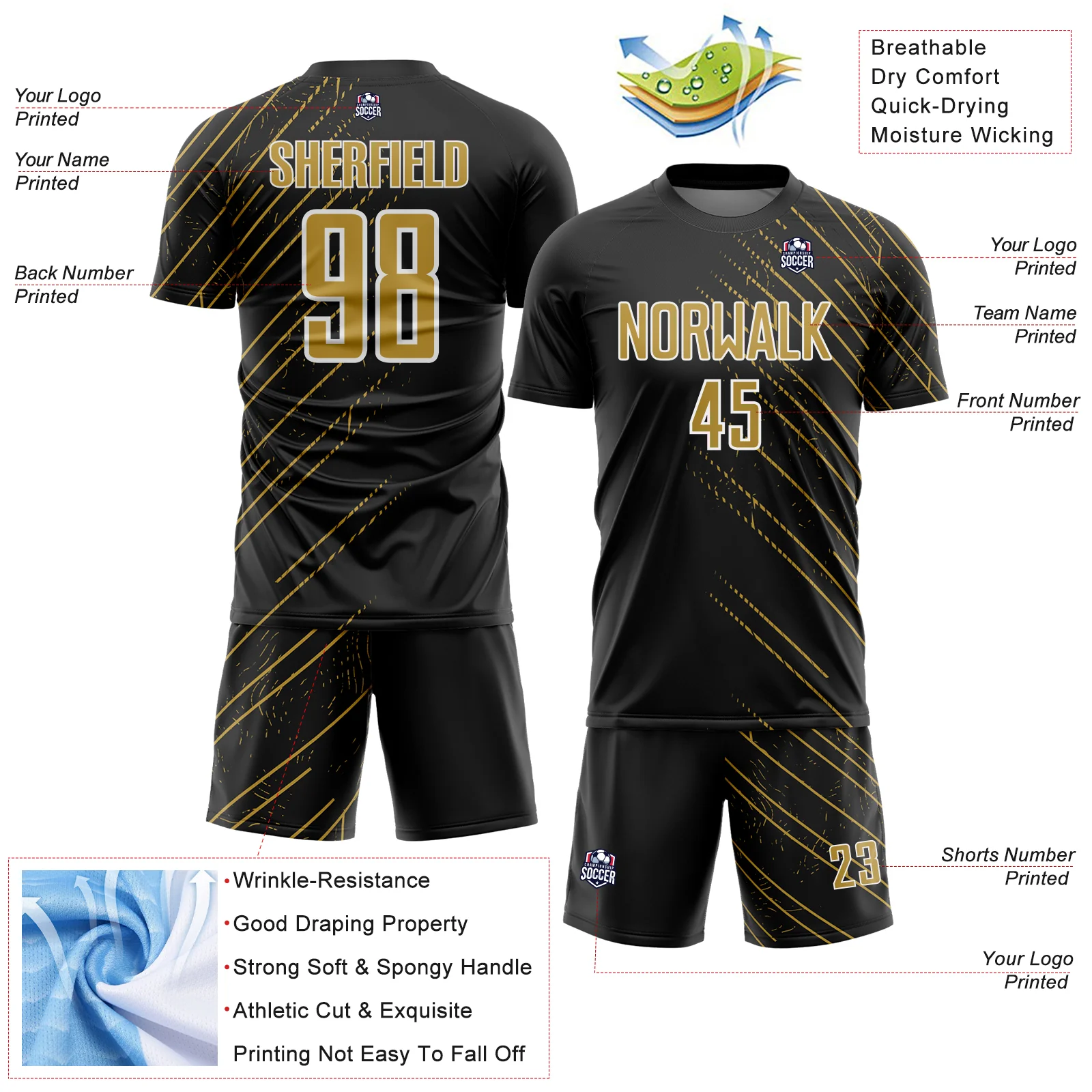 Custom Black Old Gold-White Lines Sports Sublimation Soccer Uniform Jersey - Image 4