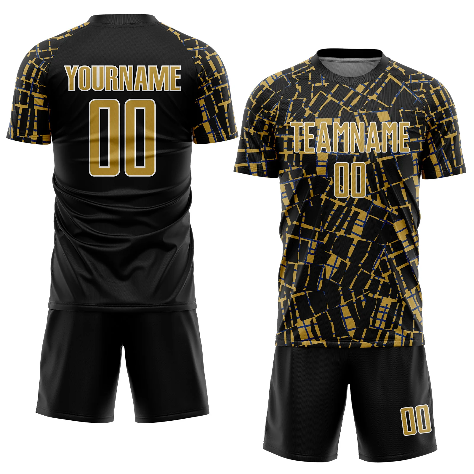 Custom Black Old Gold-White Abstract Line Sports Sublimation Soccer Uniform Jersey - Image 2
