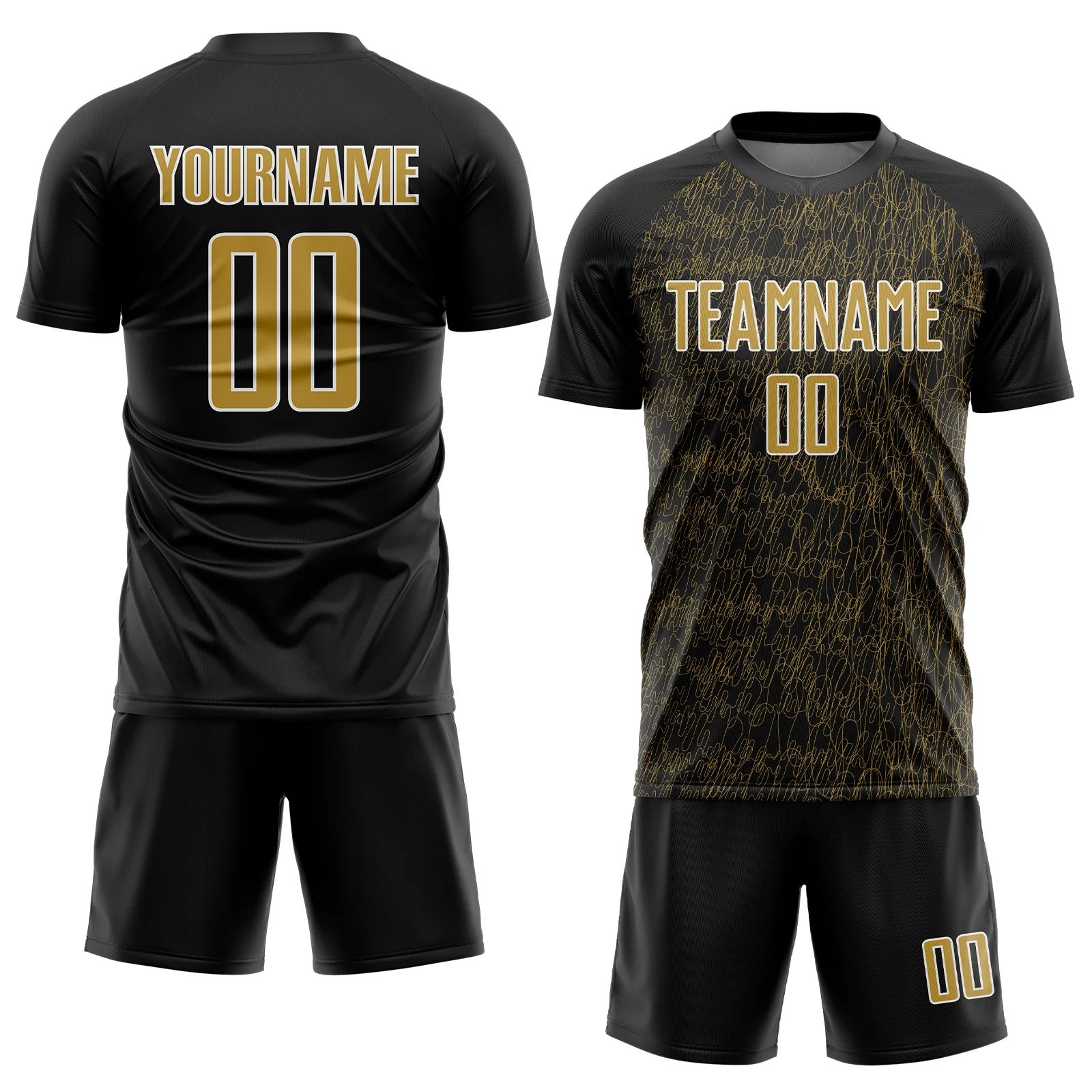 Custom Black Old Gold-White Abstract Scribble Curve Line Pattern Sports Sublimation Soccer Uniform Jersey - Image 2