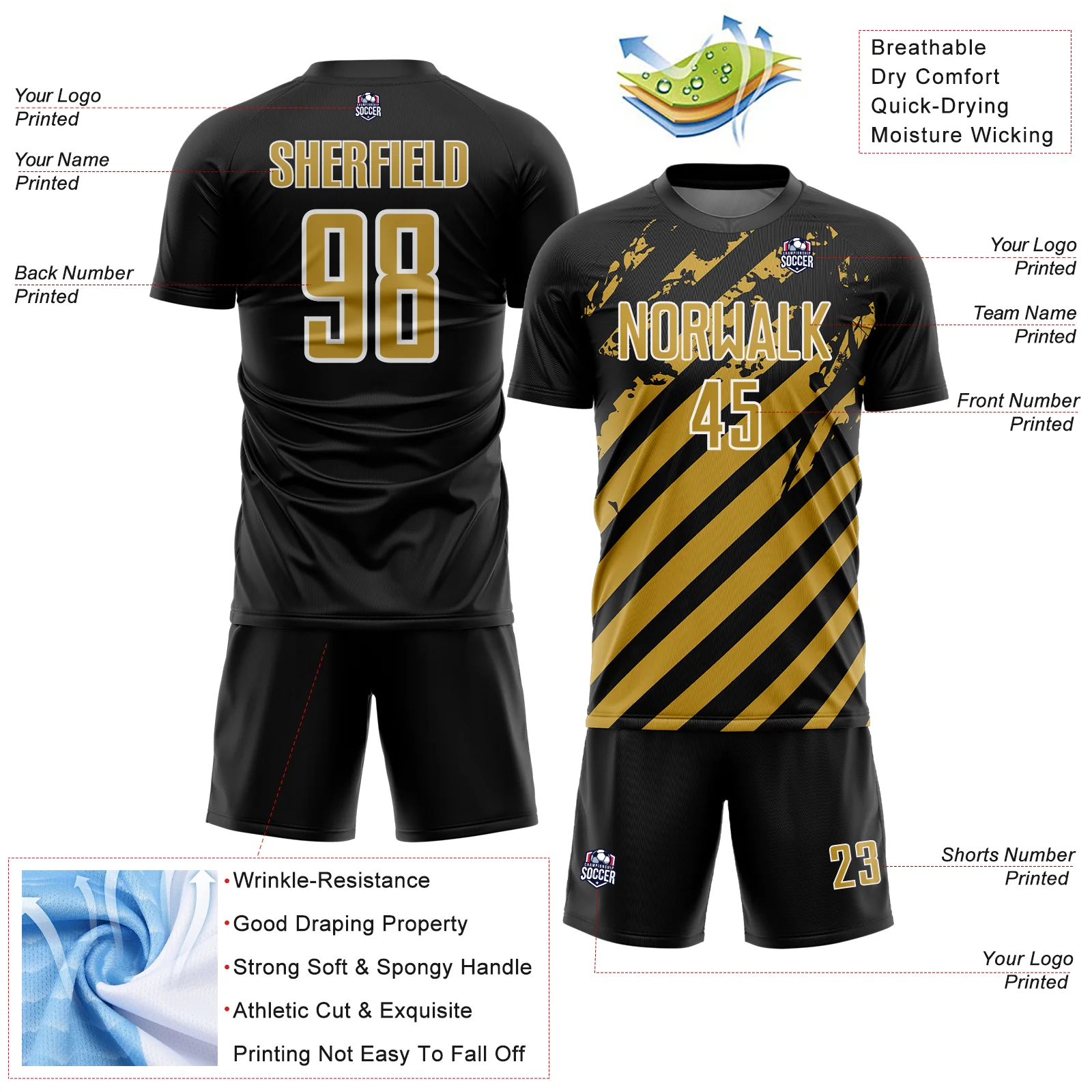 Custom Black Old Gold-White Distressed Diagonal Stripe Pattern Sports Sublimation Soccer Uniform Jersey - Image 4