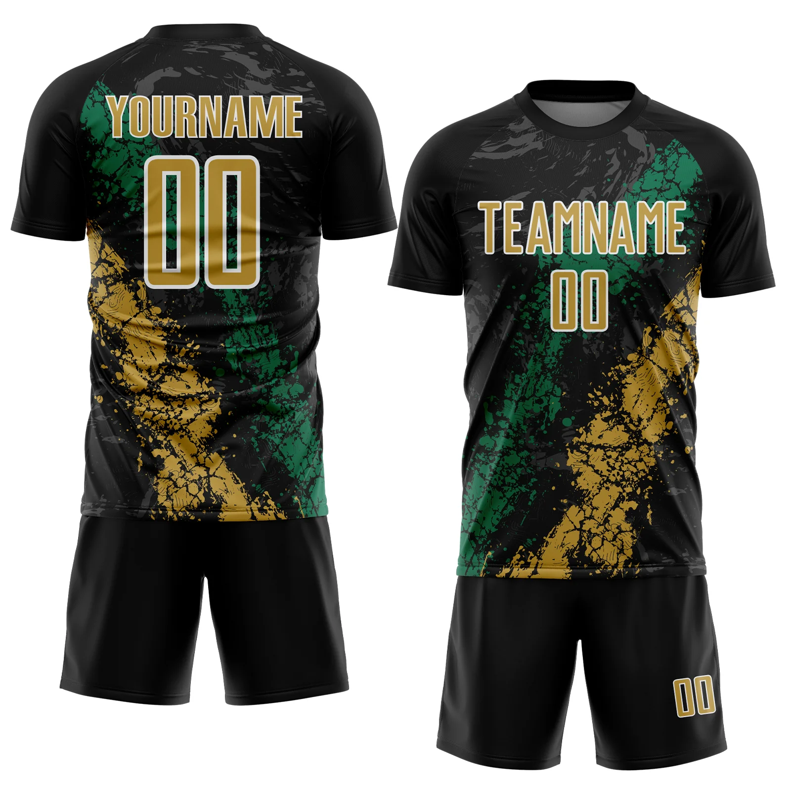 Custom Black Old Gold White-Kelly Green Dripping Splatter Cracked Texture Sublimation Soccer Uniform Jersey - Image 2
