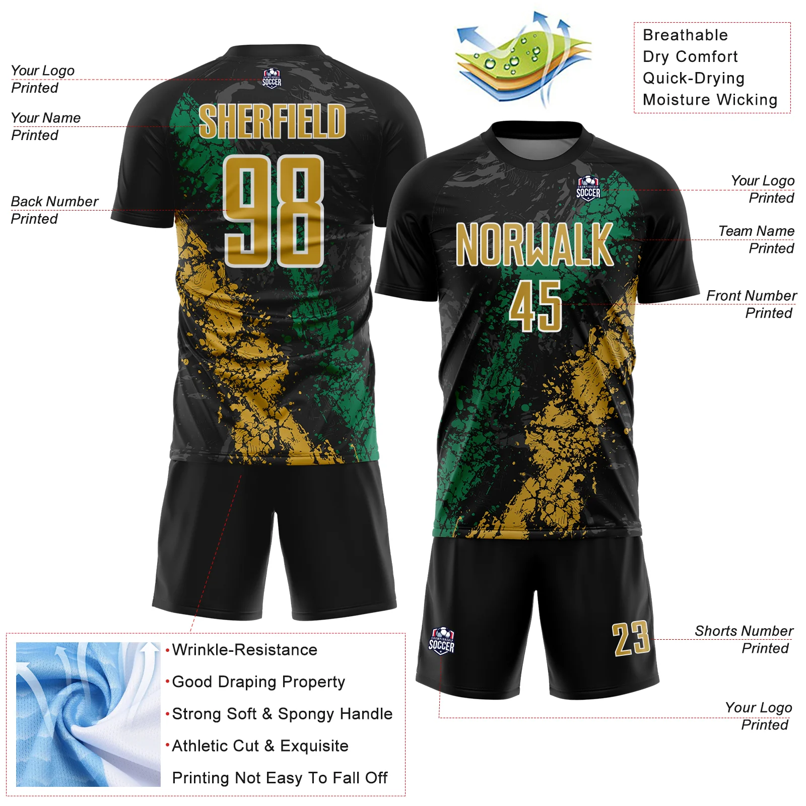 Custom Black Old Gold White-Kelly Green Dripping Splatter Cracked Texture Sublimation Soccer Uniform Jersey - Image 4