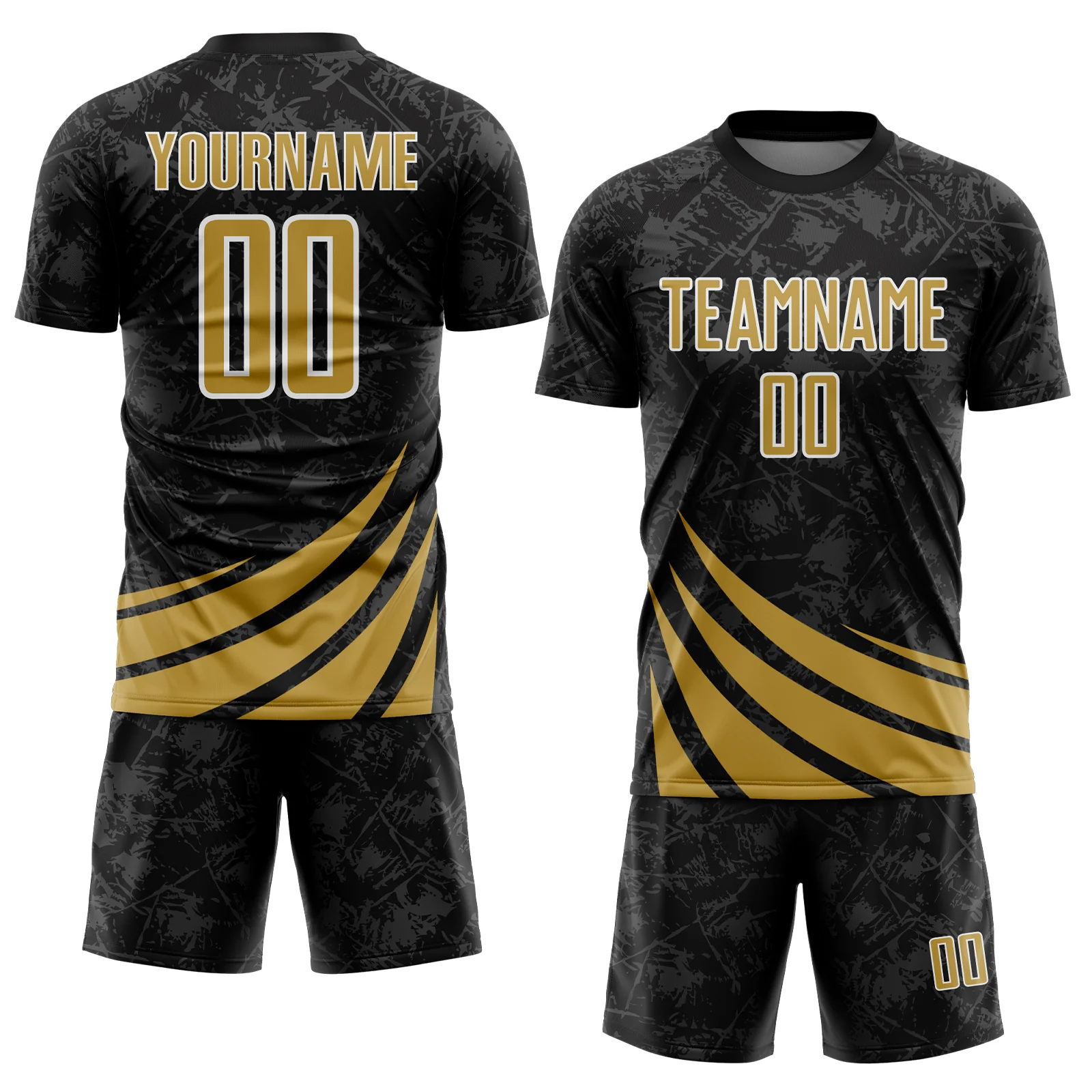 Custom Black Old Gold-White Distressed Diagonal Stripes Wind Shapes Sports Sublimation Soccer Uniform Jersey - Image 2