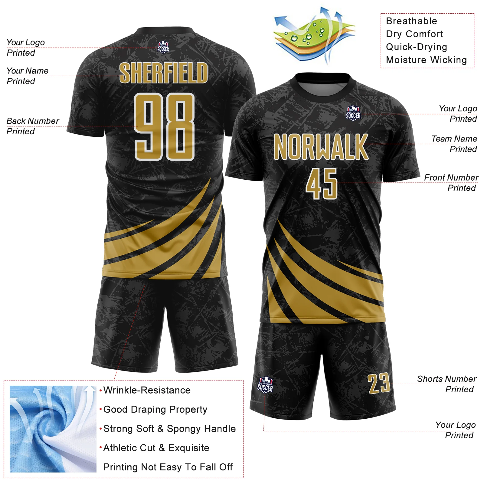 Custom Black Old Gold-White Distressed Diagonal Stripes Wind Shapes Sports Sublimation Soccer Uniform Jersey - Image 4