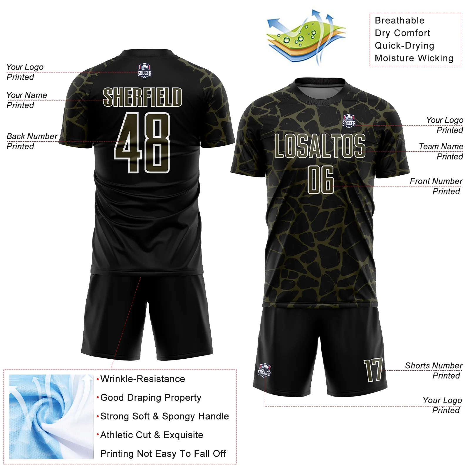 Custom Black Olive-White Abstract Network Splash Sublimation Soccer Uniform Jersey - Image 4