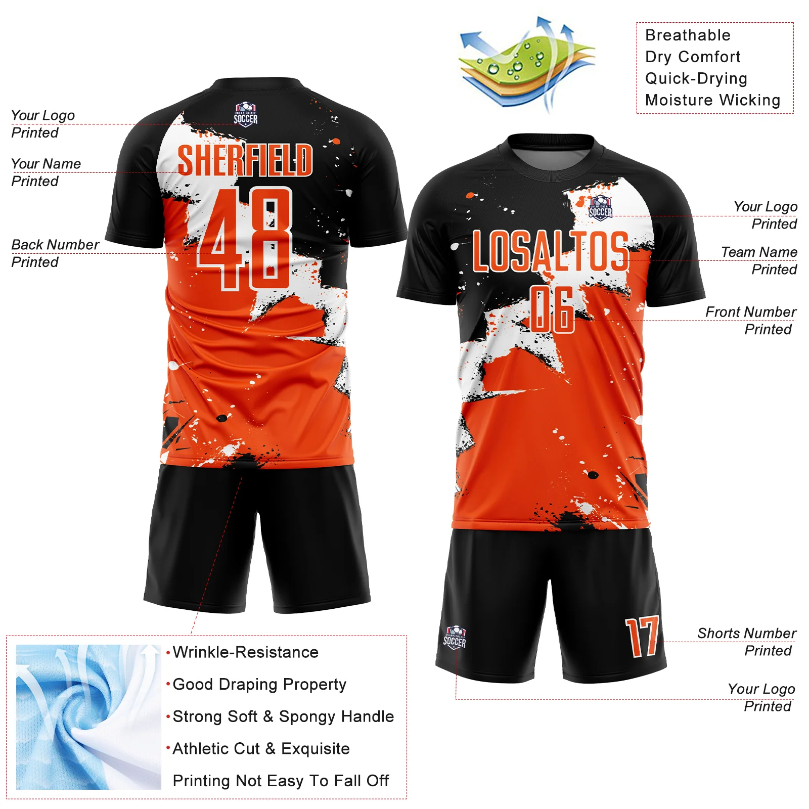 Custom Black Orange-White Spalsh Sublimation Soccer Uniform Jersey - Image 4