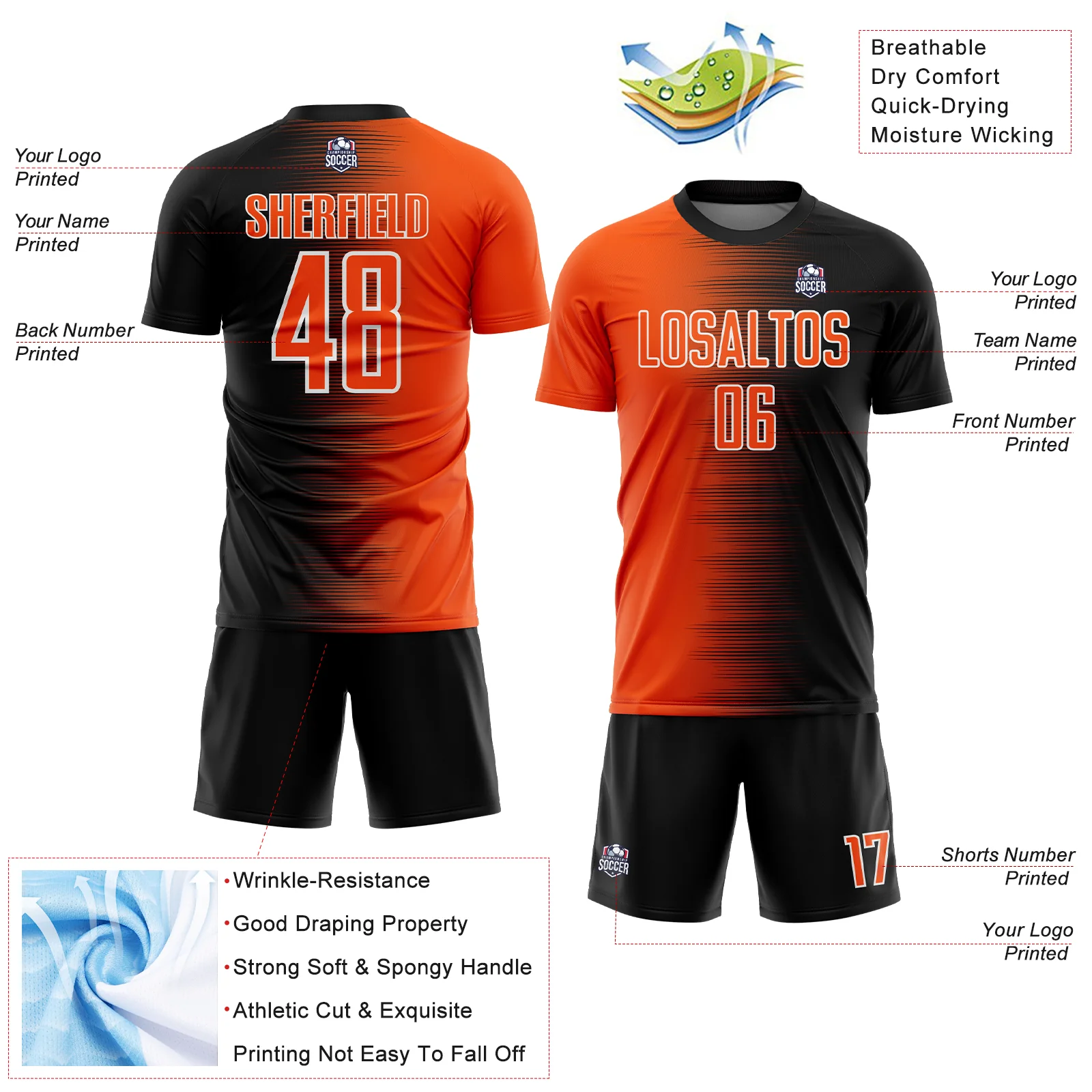 Custom Black Orange-White Gradient Line Sublimation Soccer Uniform Jersey - Image 4