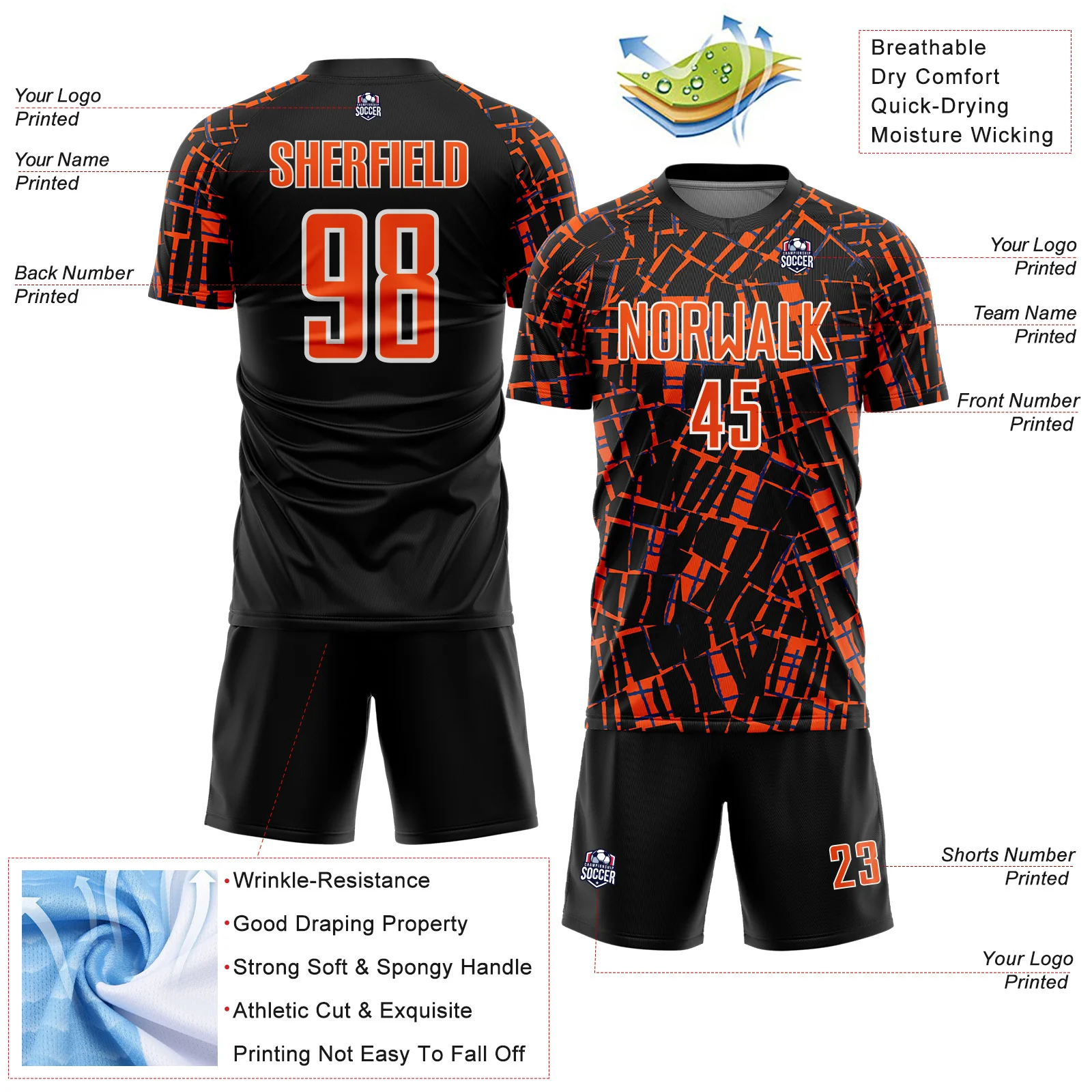 Custom Black Orange-White Abstract Line Sports Sublimation Soccer Uniform Jersey - Image 4